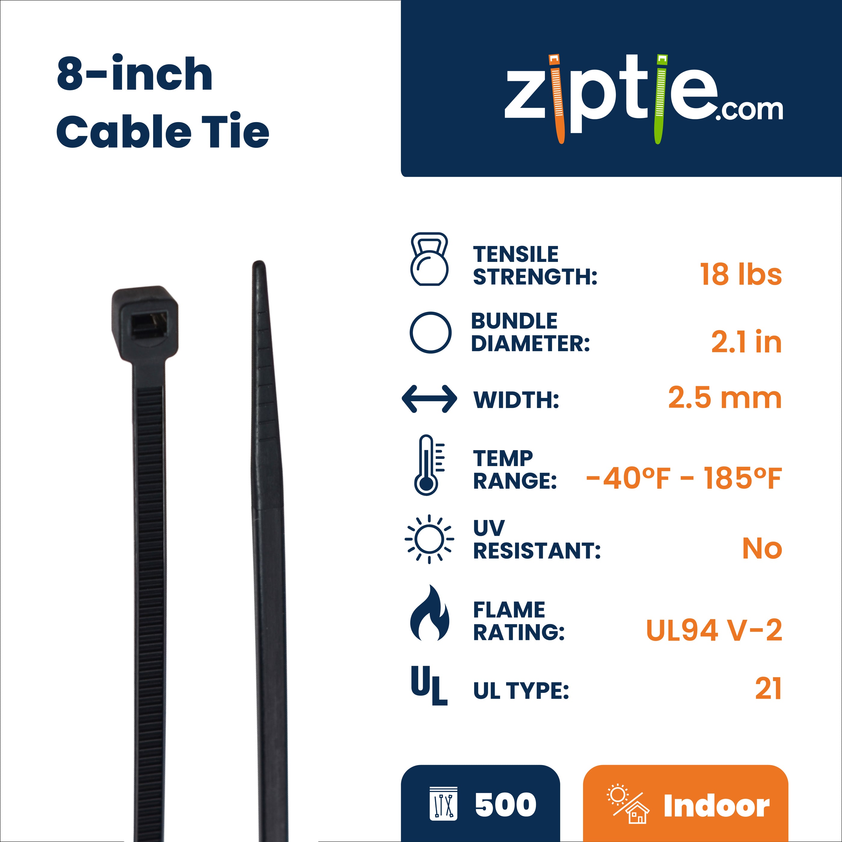 8-Inch Black Multi-Purpose Zip Tie, 18-lb Strength, UL 21 Listed