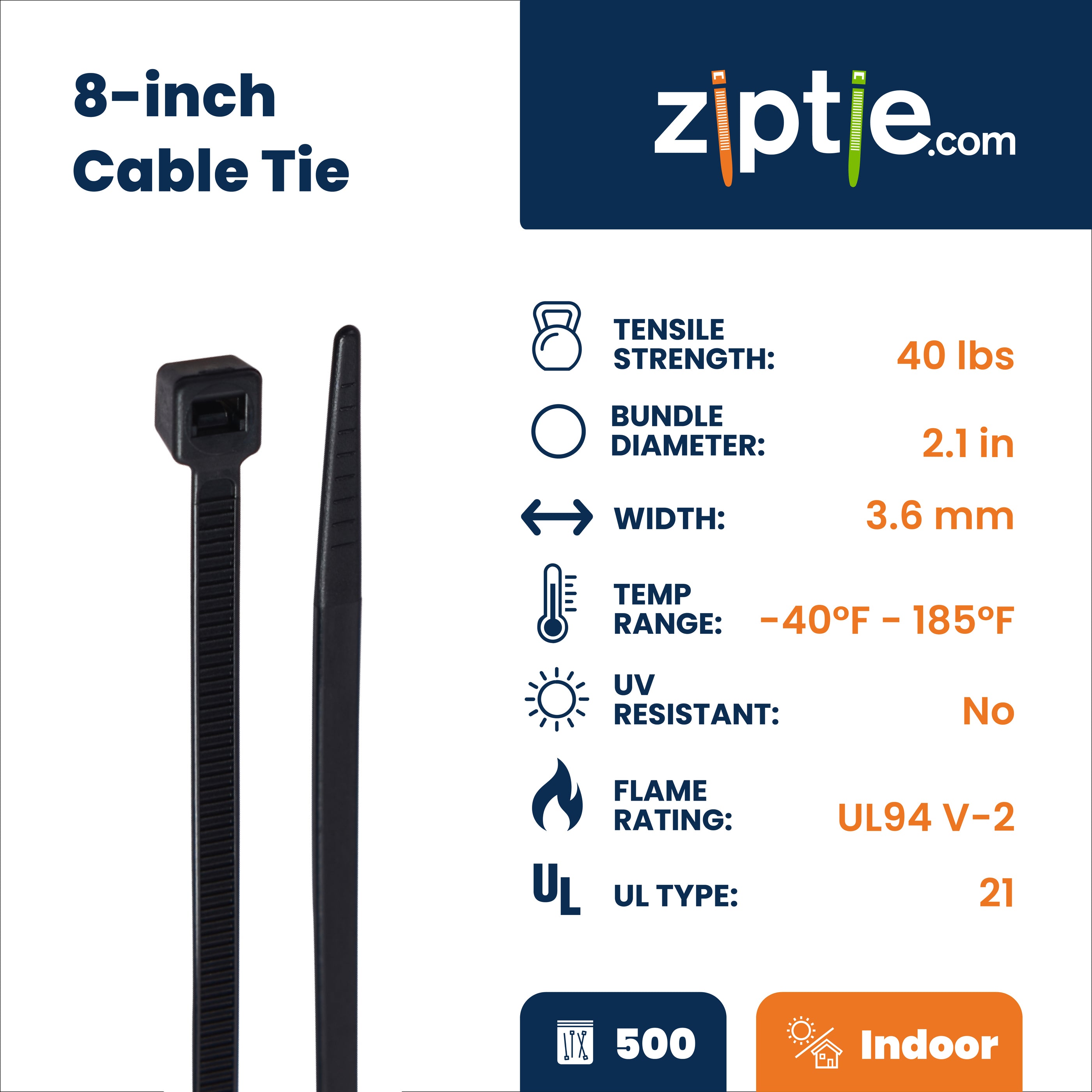 8-inch Black Multi-Purpose Zip Tie, 40-lb Tensile Strength, UL 21