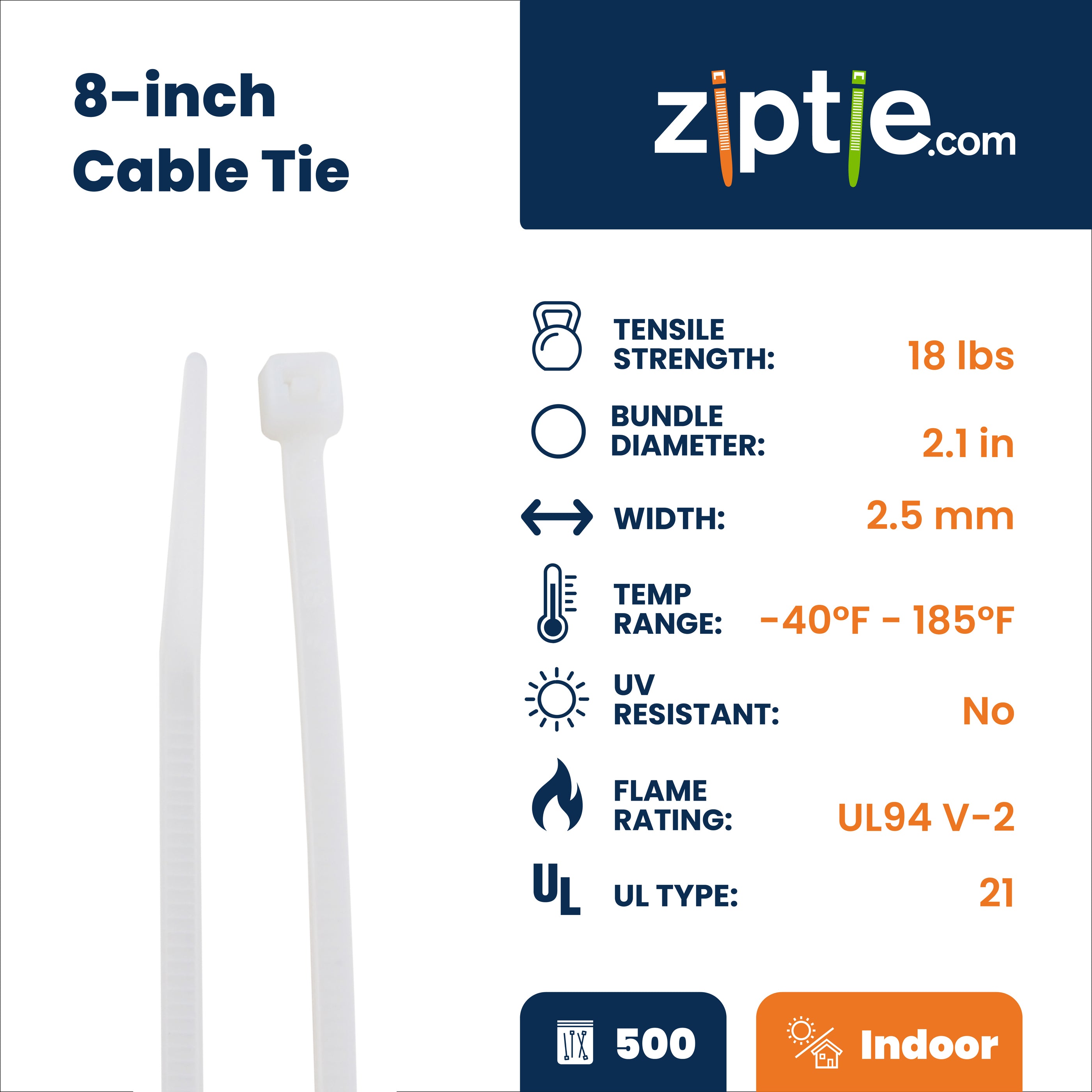 8-inch Natural Multi-Purpose Zip Tie, 18-lb Tensile Strength, UL 21 Listed, 500-Pack