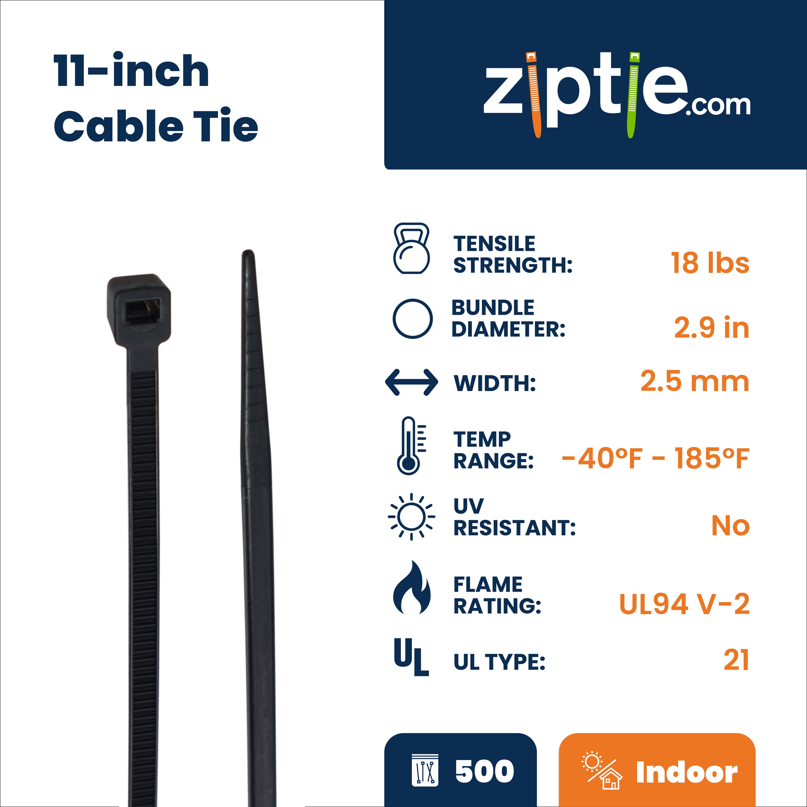 11-inch Black Multi-Purpose Zip Tie, 18-lb Tensile Strength, UL 21 Listed, 500-Pack