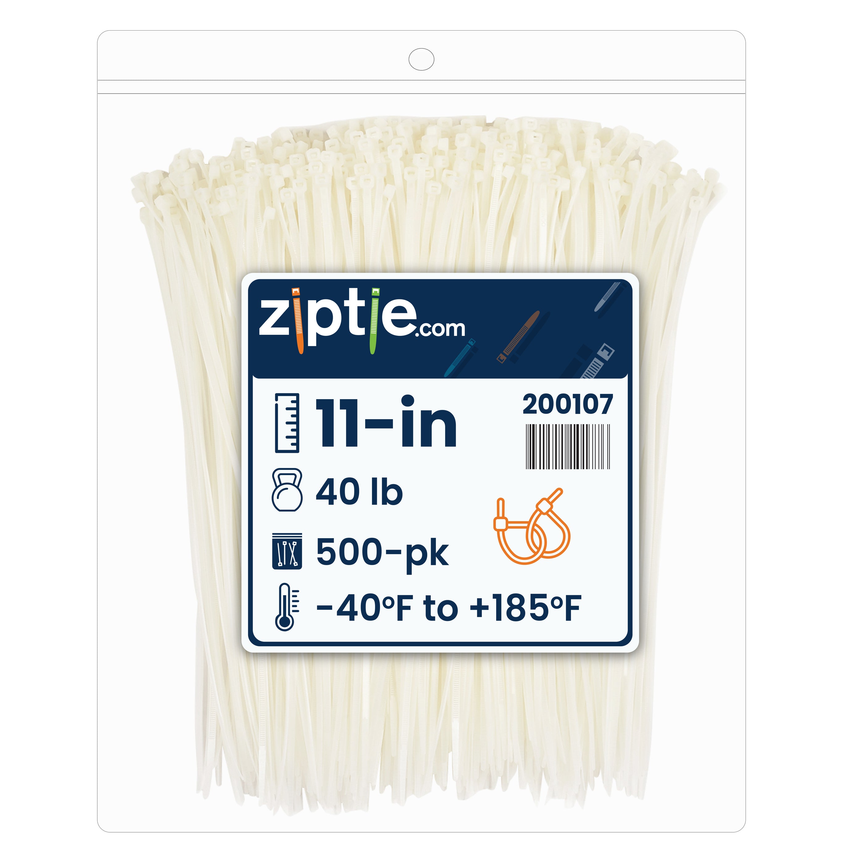 11-inch Natural Multi-Purpose Zip Tie, 40-lb Tensile Strength, UL 21 Listed, 500-Pack