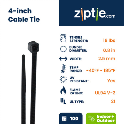 4-inch UV Resistant Black Multi-Purpose Zip Tie, 18-lb Tensile Strength, UL 21 Listed, 100-Pack