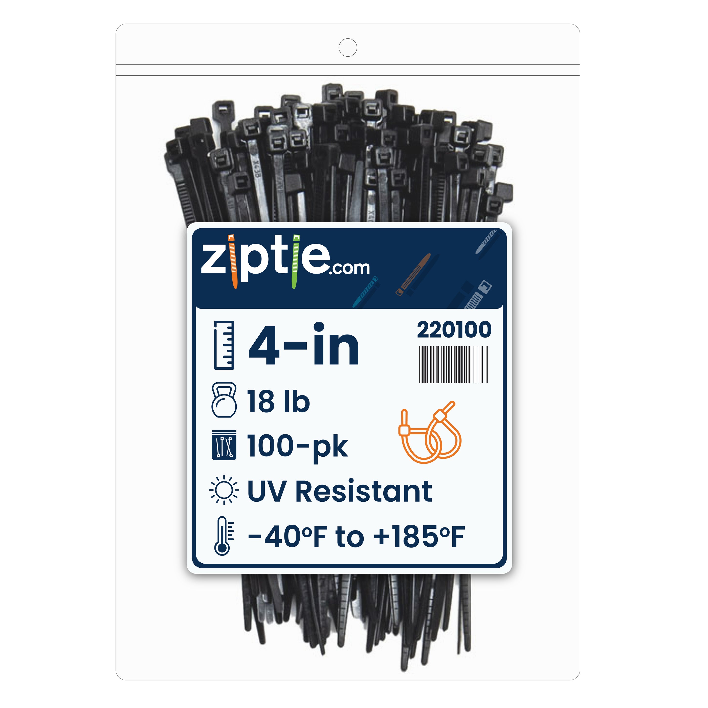 4-inch UV Resistant Black Multi-Purpose Zip Tie, 18-lb Tensile Strength, UL 21 Listed, 100-Pack