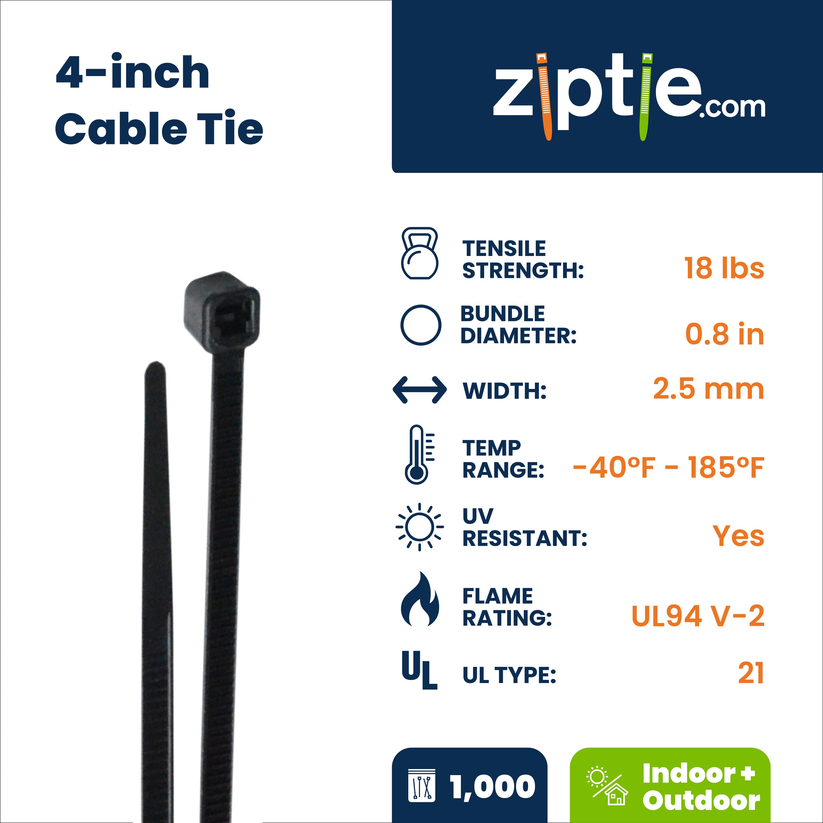 4-inch UV Resistant Black Multi-Purpose Zip Tie, 18-lb Tensile Strength, UL 21 Listed, 1,000-Pack