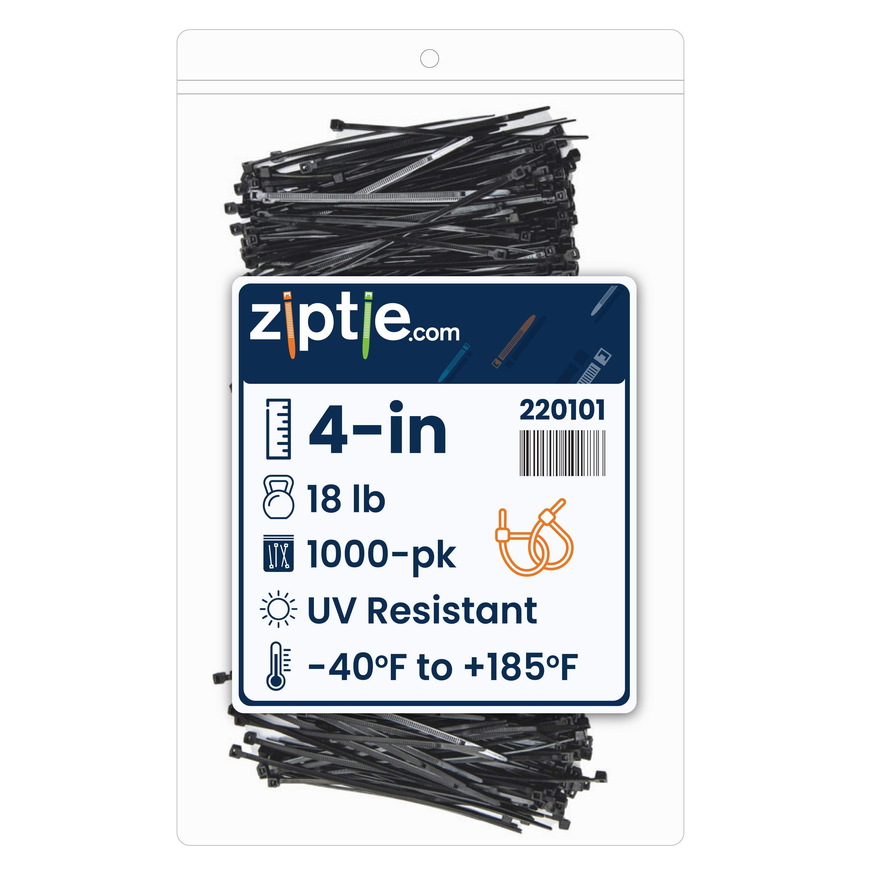 4-inch UV Resistant Black Multi-Purpose Zip Tie, 18-lb Tensile Strength, UL 21 Listed, 1,000-Pack