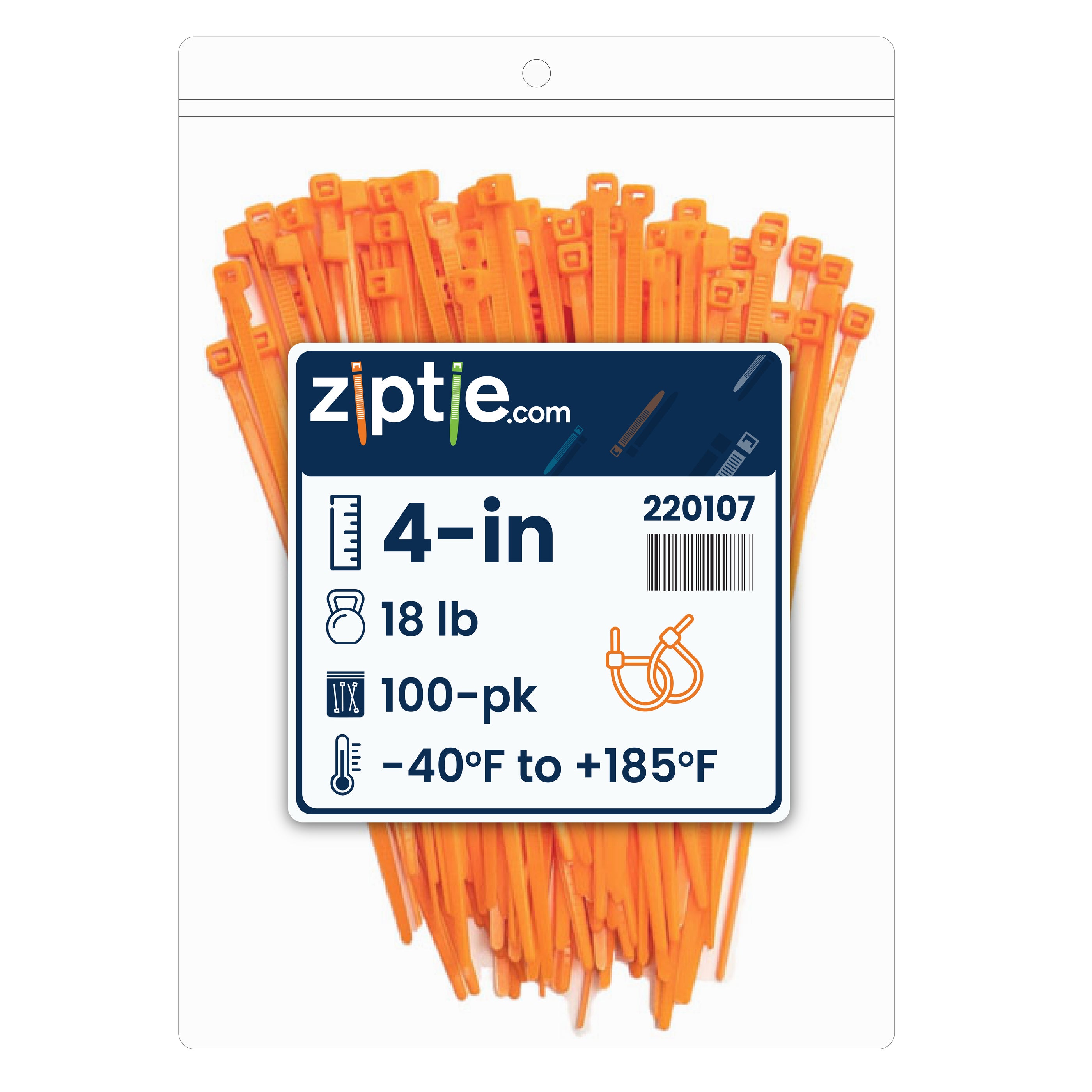 4-inch Fluorescent Orange Multi-Purpose Zip Tie, 18-lb Tensile