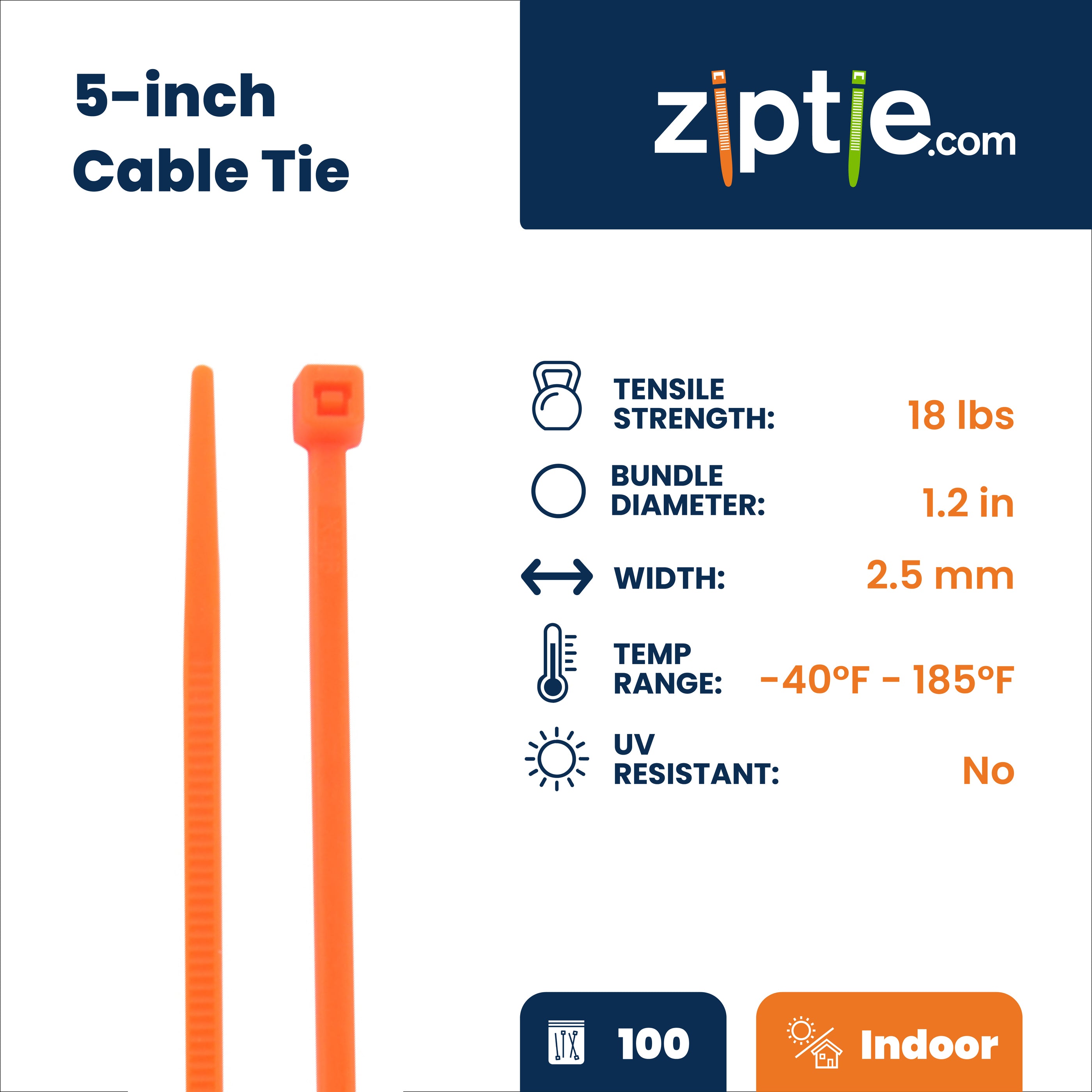 5-inch Fluorescent Orange Multi-Purpose Zip Tie, 18-lb Tensile Strength, 100-Pack