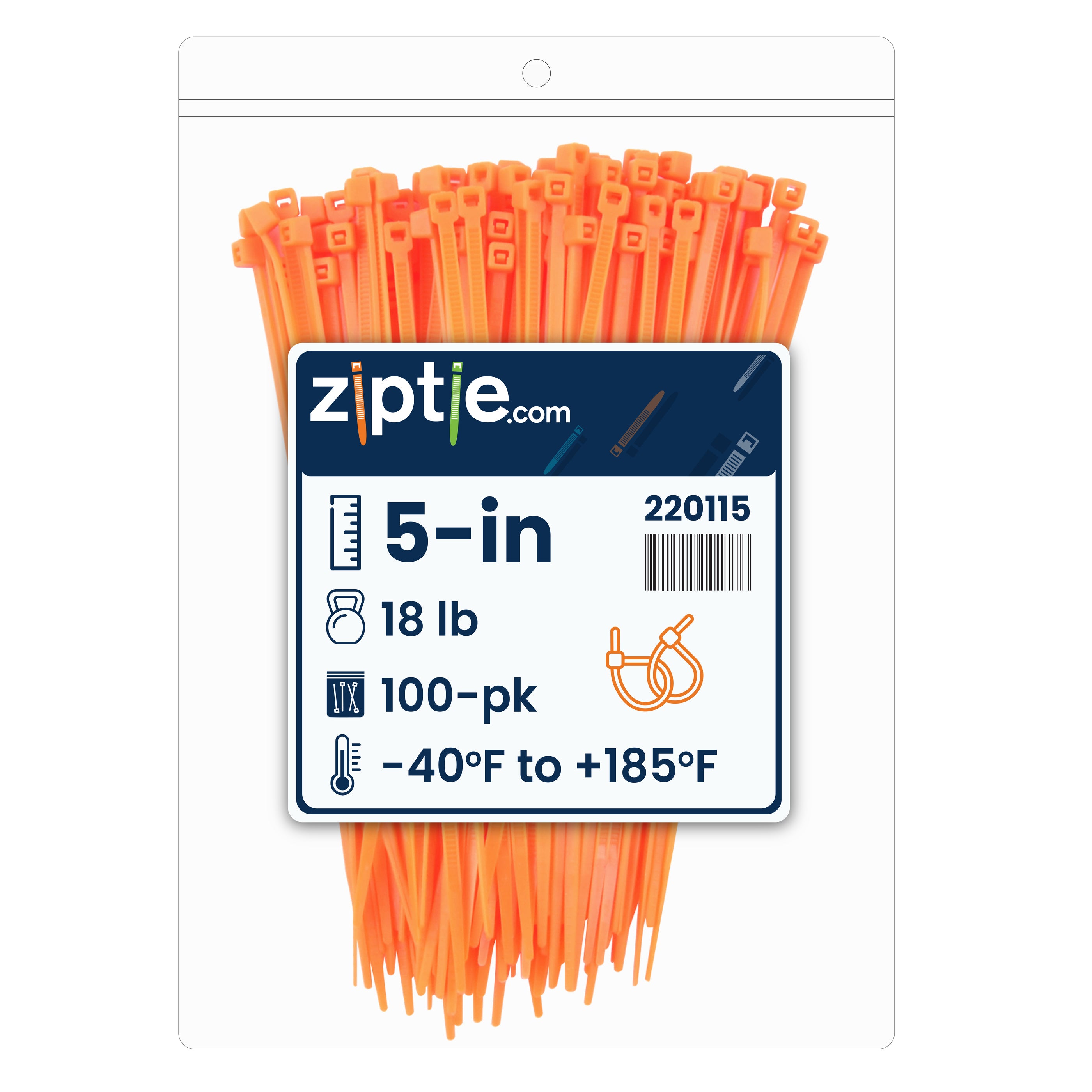 5-inch Fluorescent Orange Multi-Purpose Zip Tie, 18-lb Tensile Strength, 100-Pack