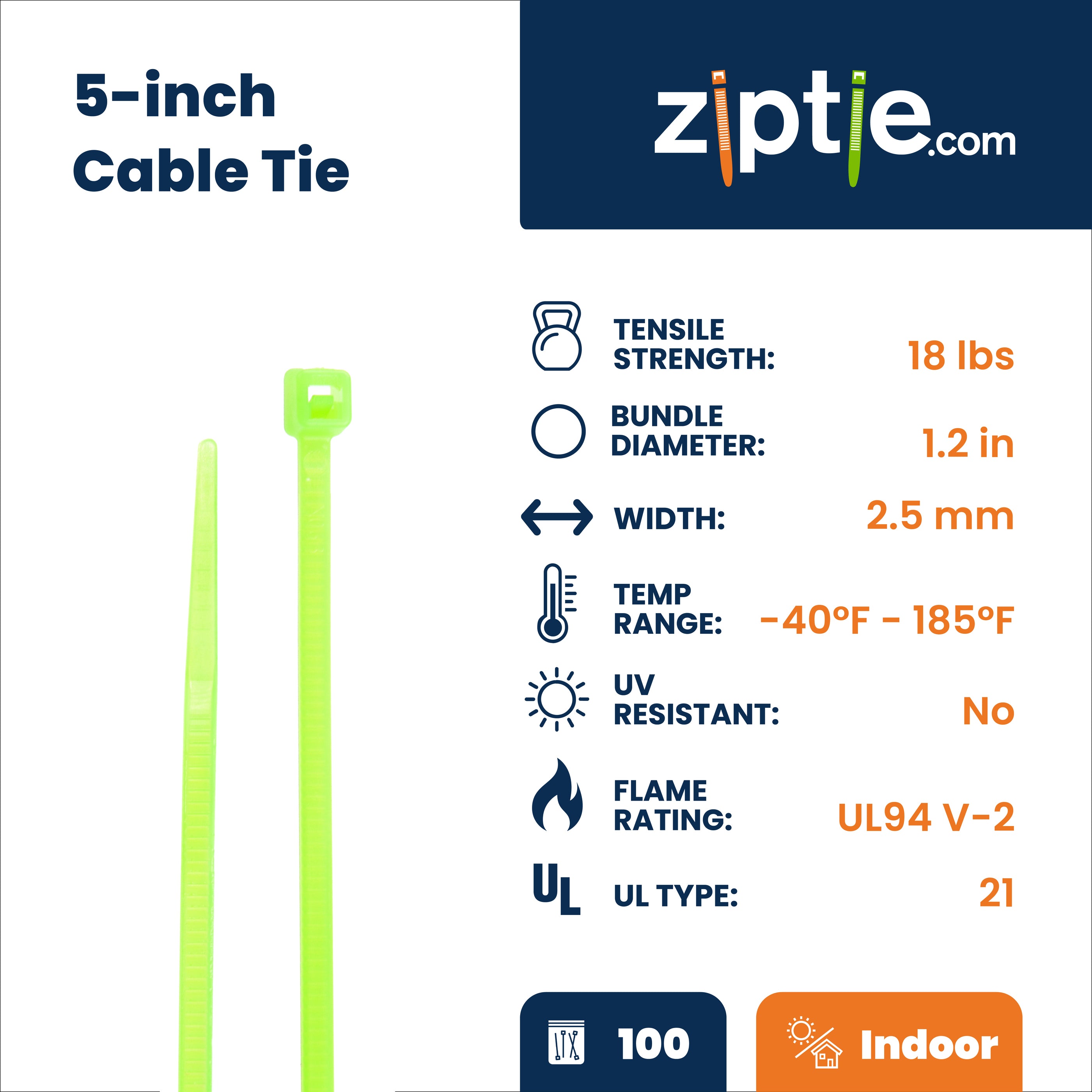 5-inch Fluorescent Green Multi-Purpose Zip Tie, 18-lb Tensile Strength, UL 21 Listed, 100-Pack