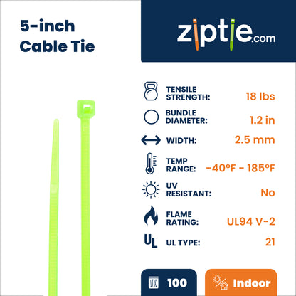 5-inch Fluorescent Green Multi-Purpose Zip Tie, 18-lb Tensile Strength, UL 21 Listed, 100-Pack