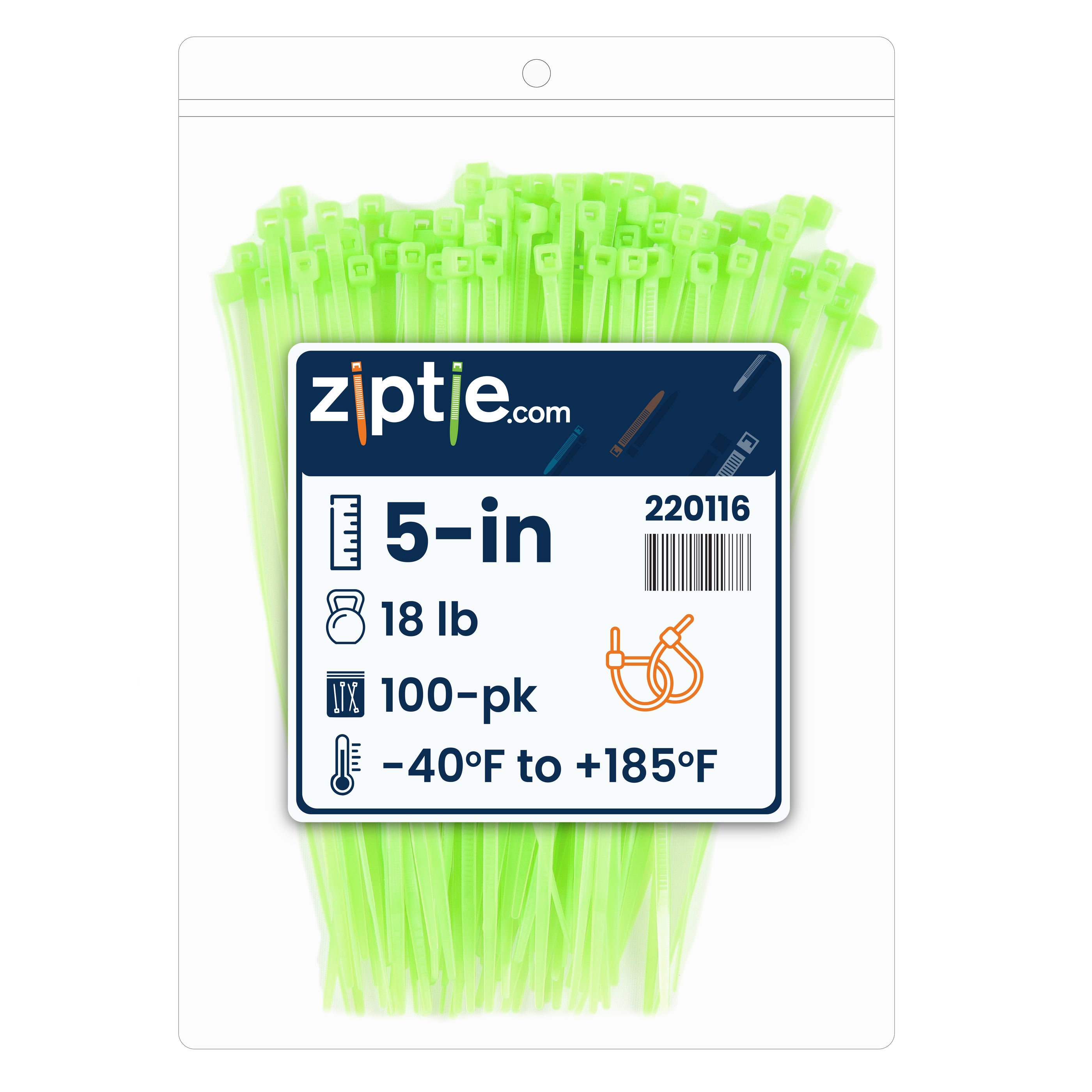 5-inch Fluorescent Green Multi-Purpose Zip Tie, 18-lb Tensile Strength, UL 21 Listed, 100-Pack