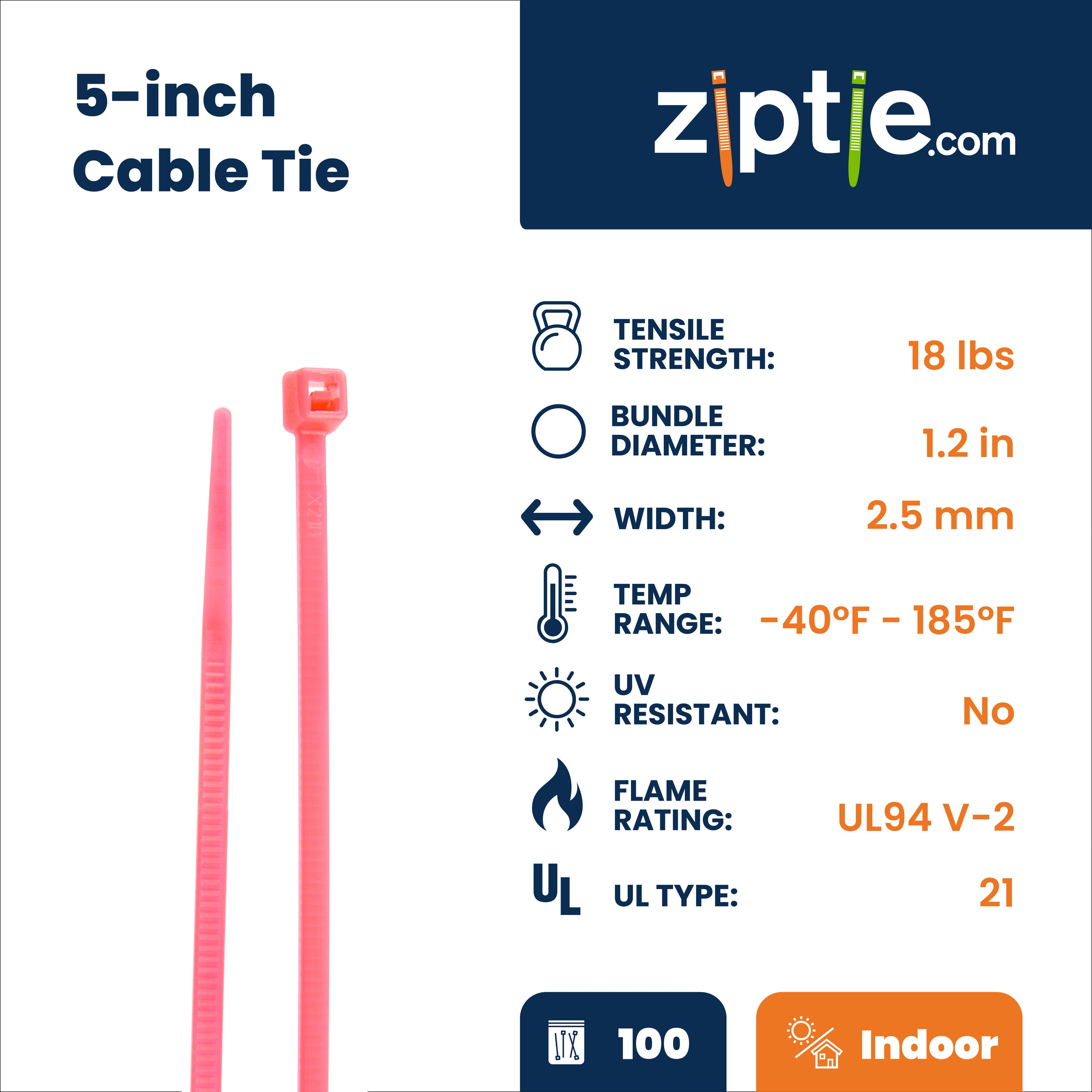 5-inch Fluorescent Pink Multi-Purpose Zip Tie, 18-lb Tensile Strength, UL 21 Listed, 100-Pack