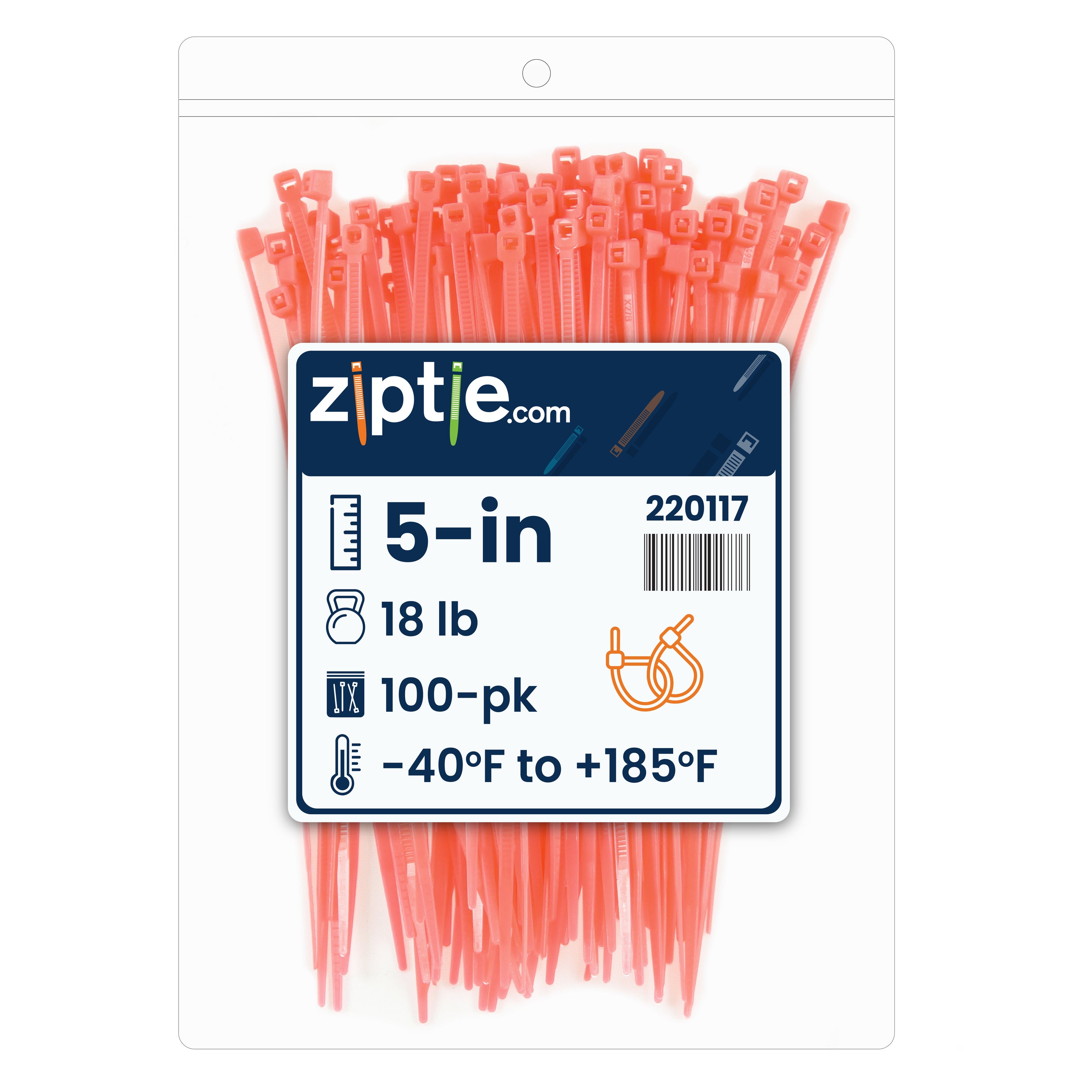 5-inch Fluorescent Pink Multi-Purpose Zip Tie, 18-lb Tensile Strength, UL 21 Listed, 100-Pack