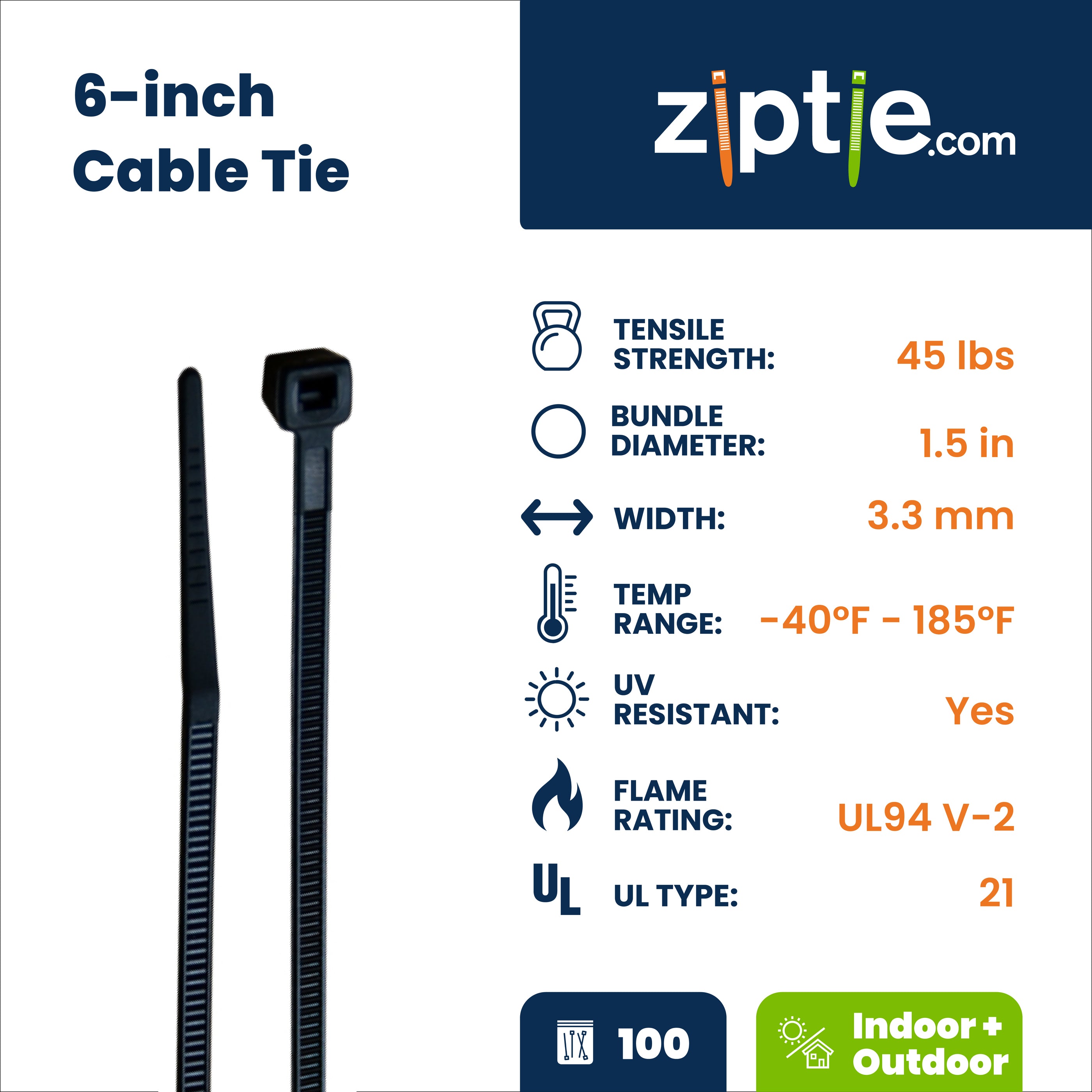 6-inch UV Resistant Black Multi-Purpose Zip Tie, 45-lb Tensile