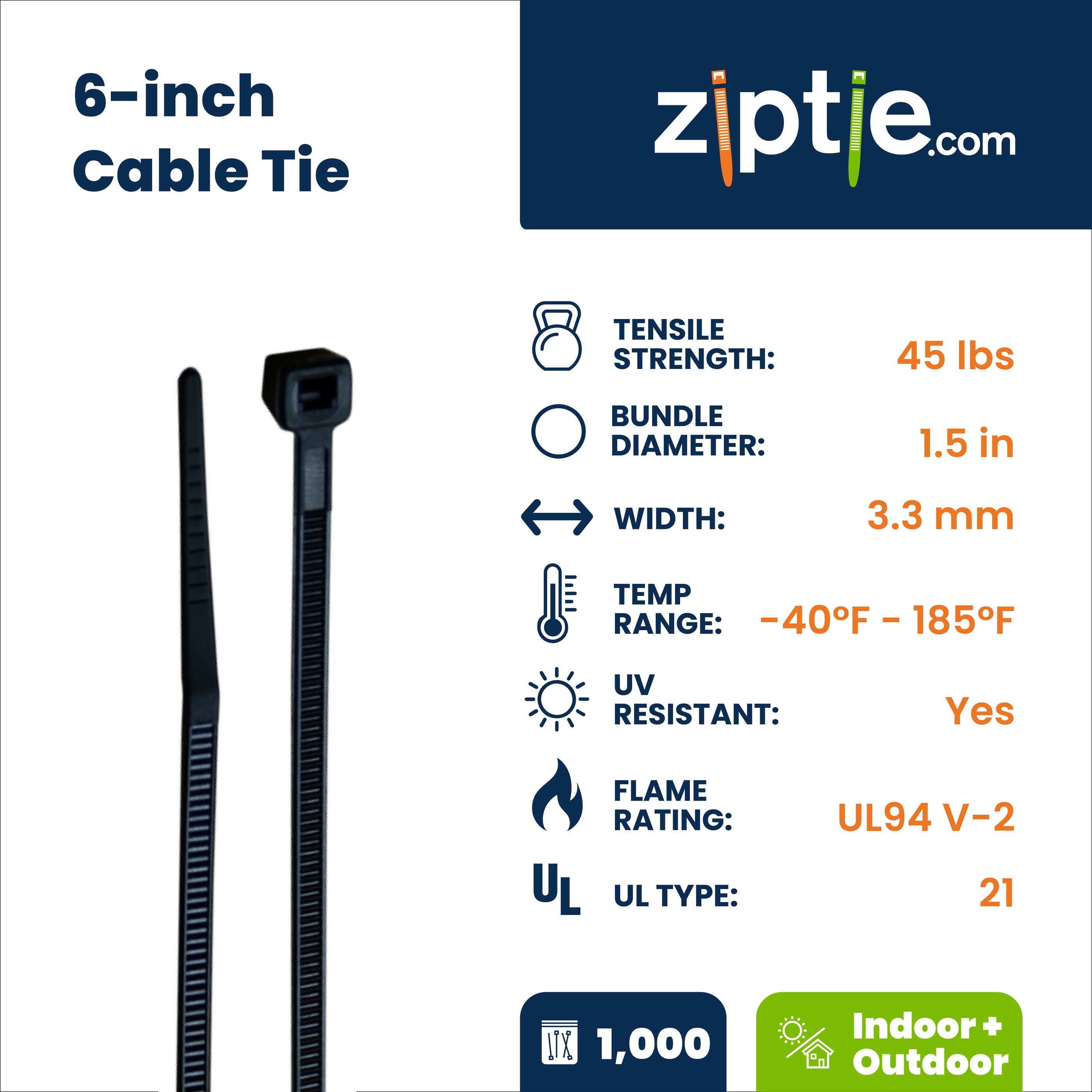 6-inch UV Resistant Black Multi-Purpose Zip Tie, 45-lb Tensile Strength, UL 21 Listed, 1,000-Pack