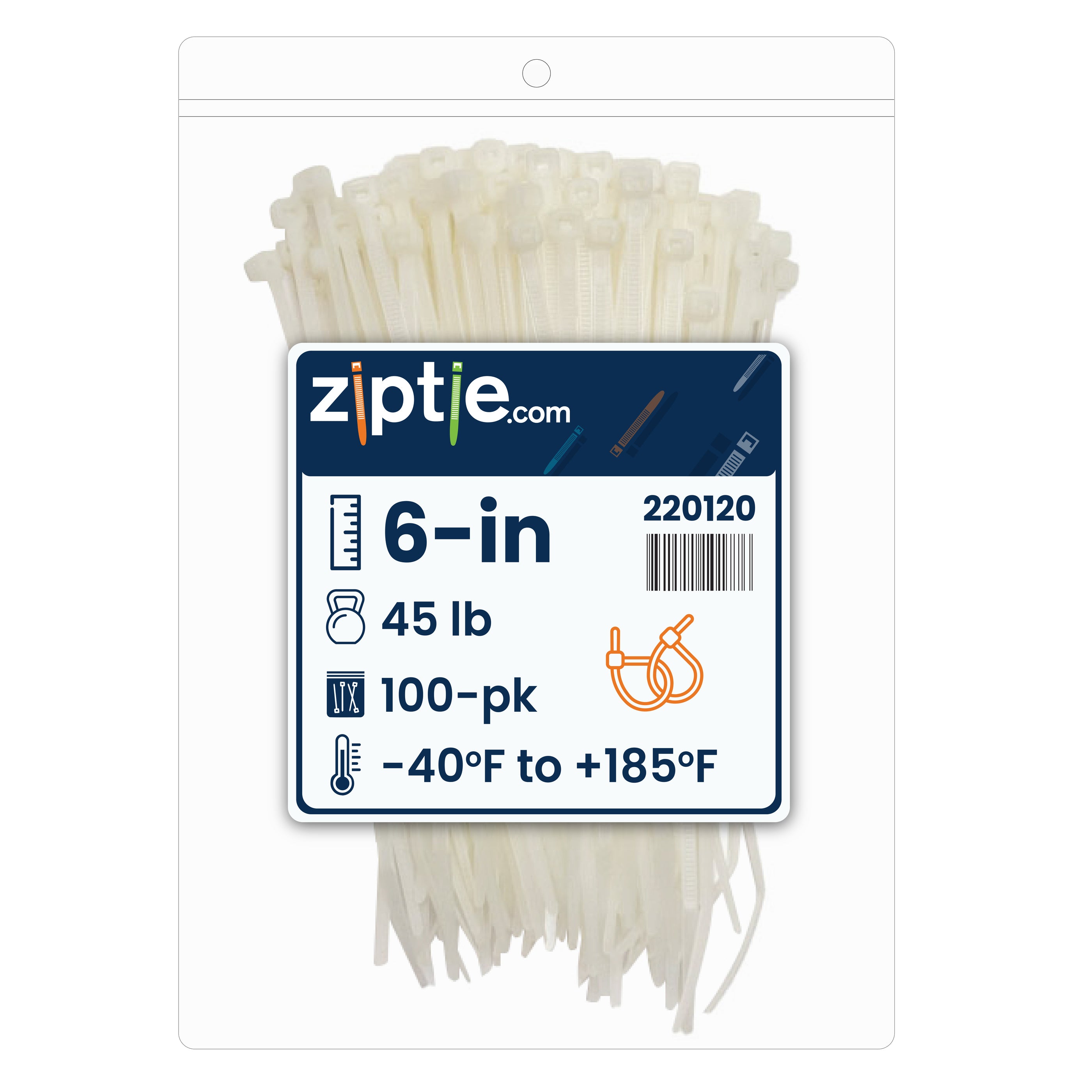 6-inch Natural Multi-Purpose Zip Tie, 45-lb Tensile Strength, UL 21 Listed, 100-Pack