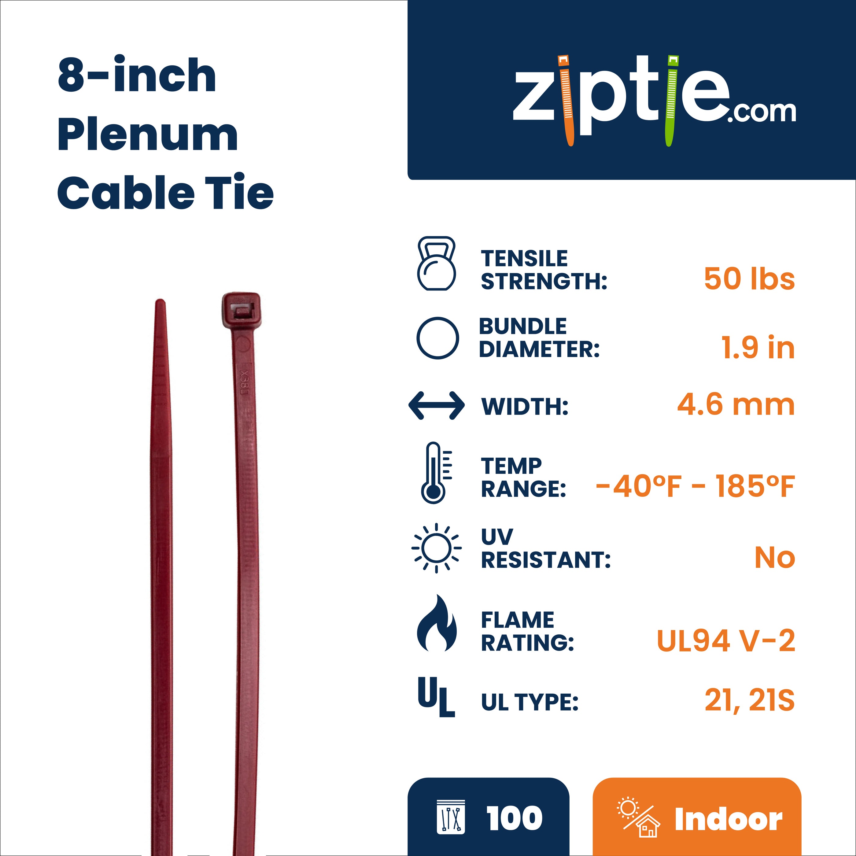 8-inch Plenum Multi-Purpose Zip Tie, 50-lb Tensile Strength, UL 21S Listed, 100-Pack