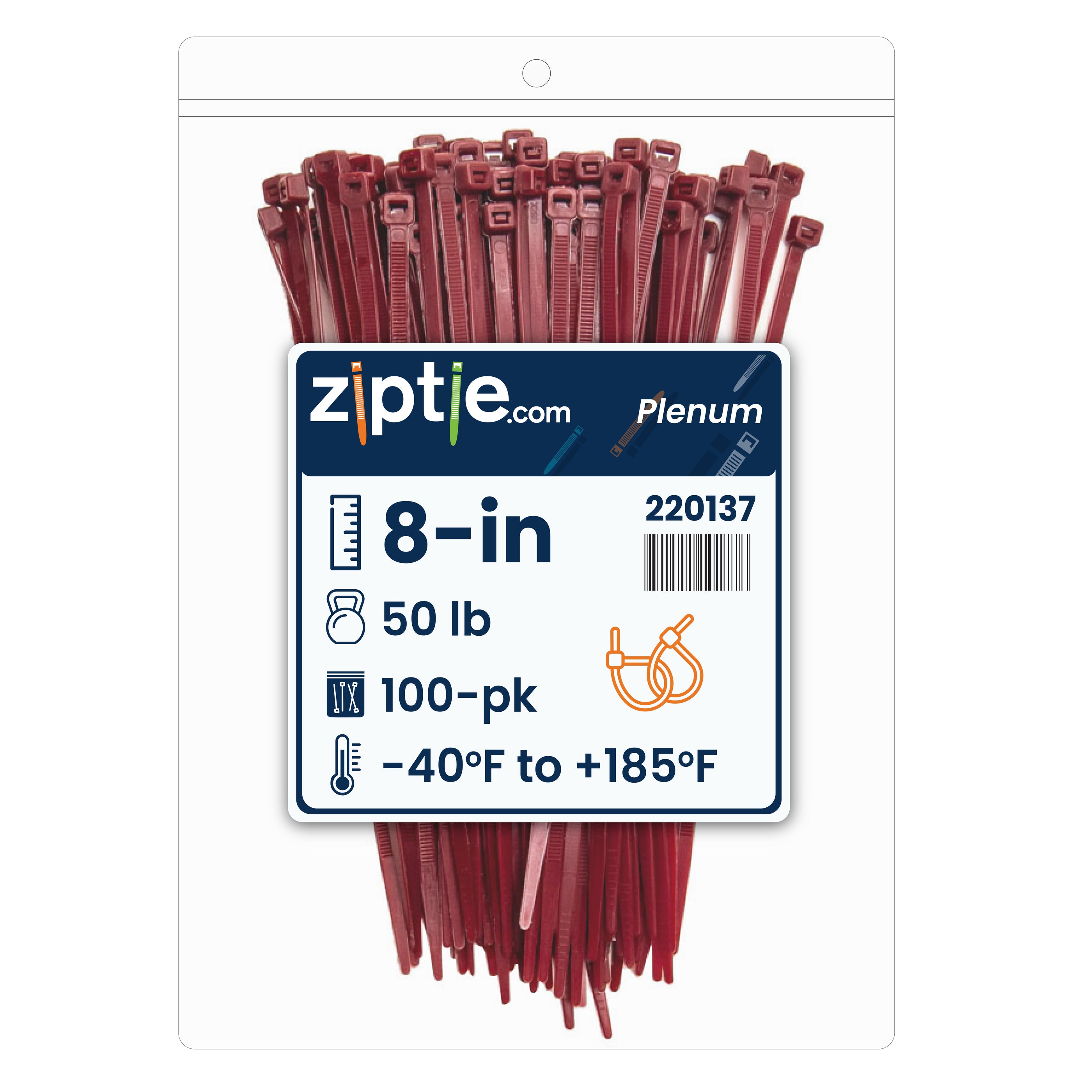 8-inch Plenum Multi-Purpose Zip Tie, 50-lb Tensile Strength, UL 21S Listed, 100-Pack