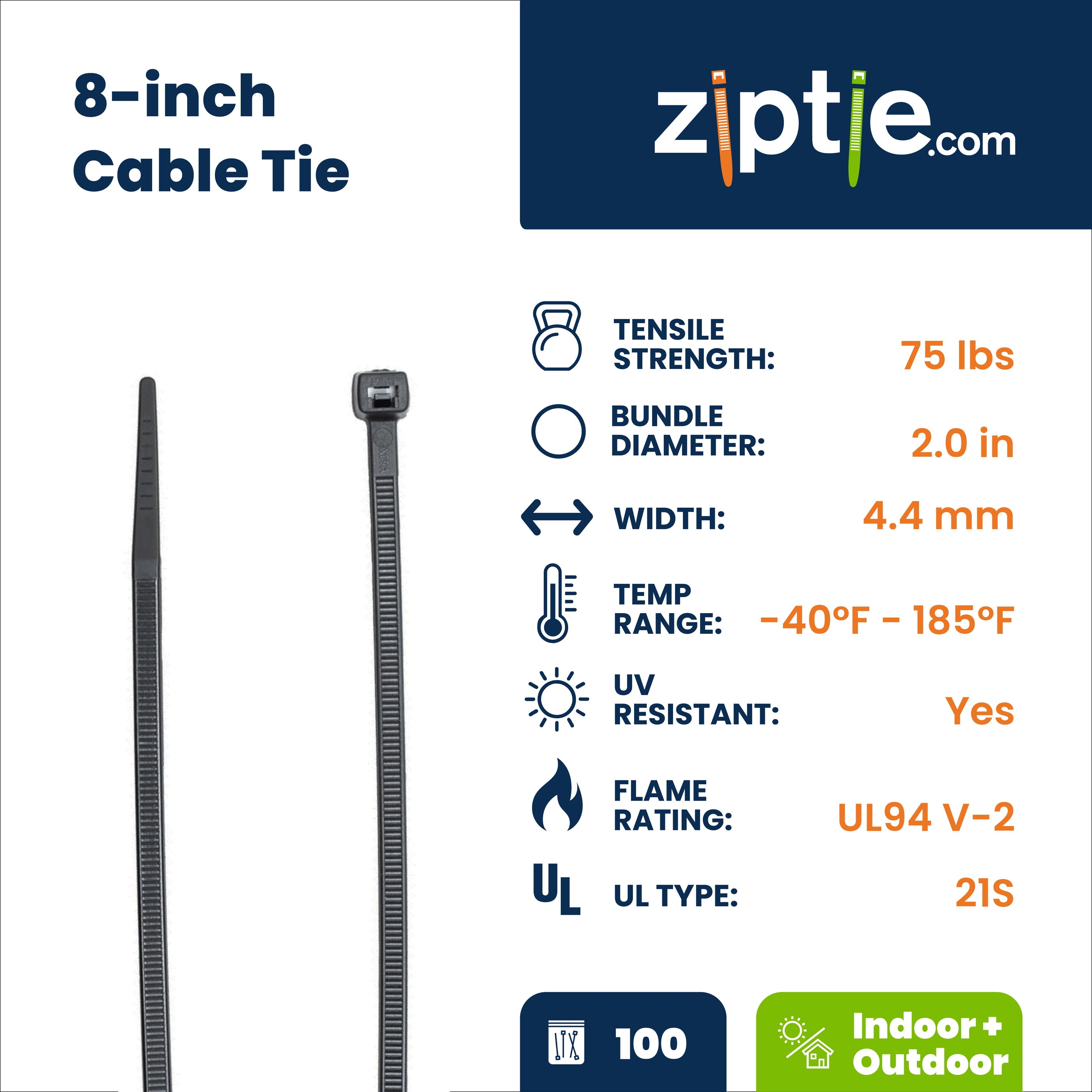8-inch UV Resistant Black Multi-Purpose Zip Tie, 75-lb Tensile