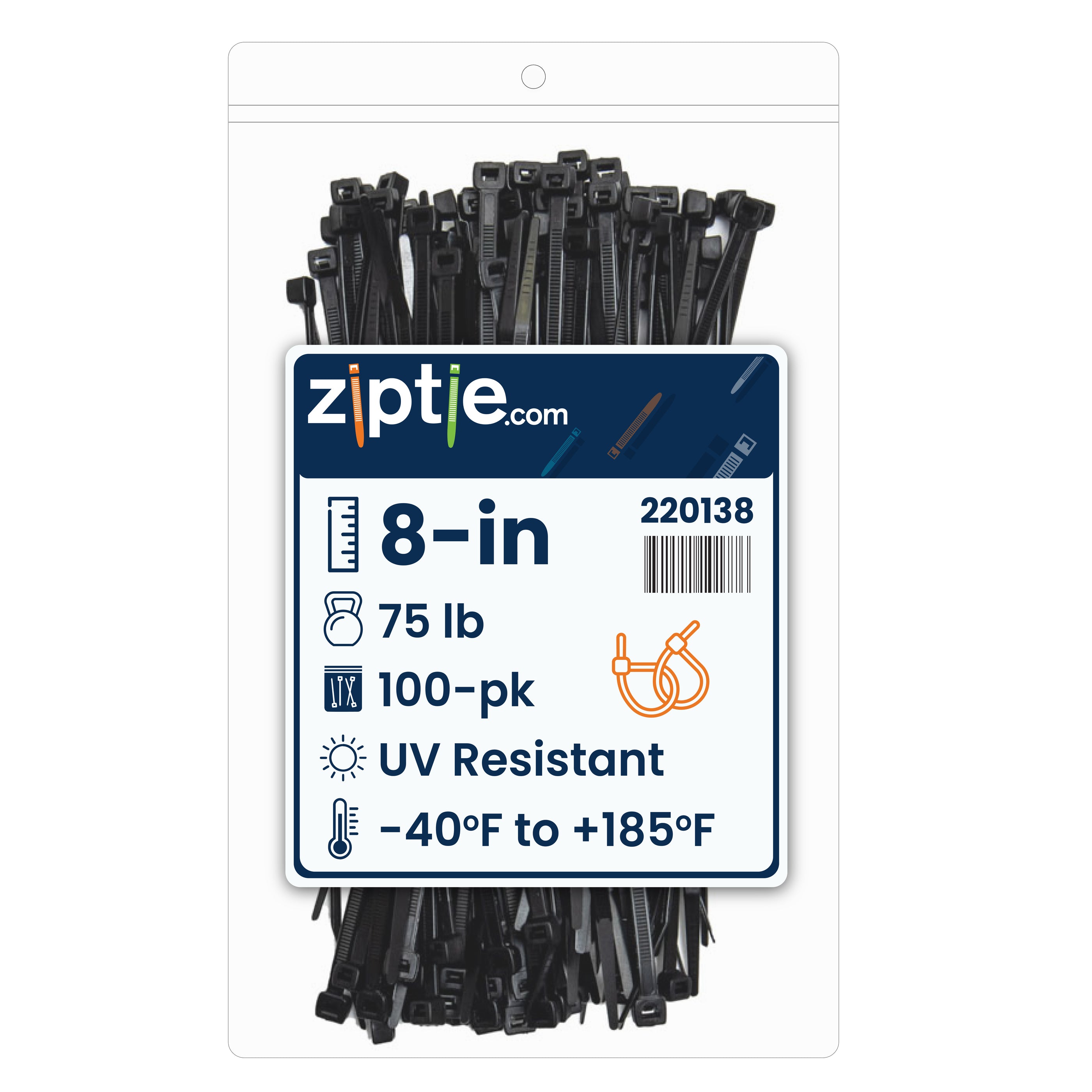 8-inch UV Resistant Black Multi-Purpose Zip Tie, 75-lb Tensile
