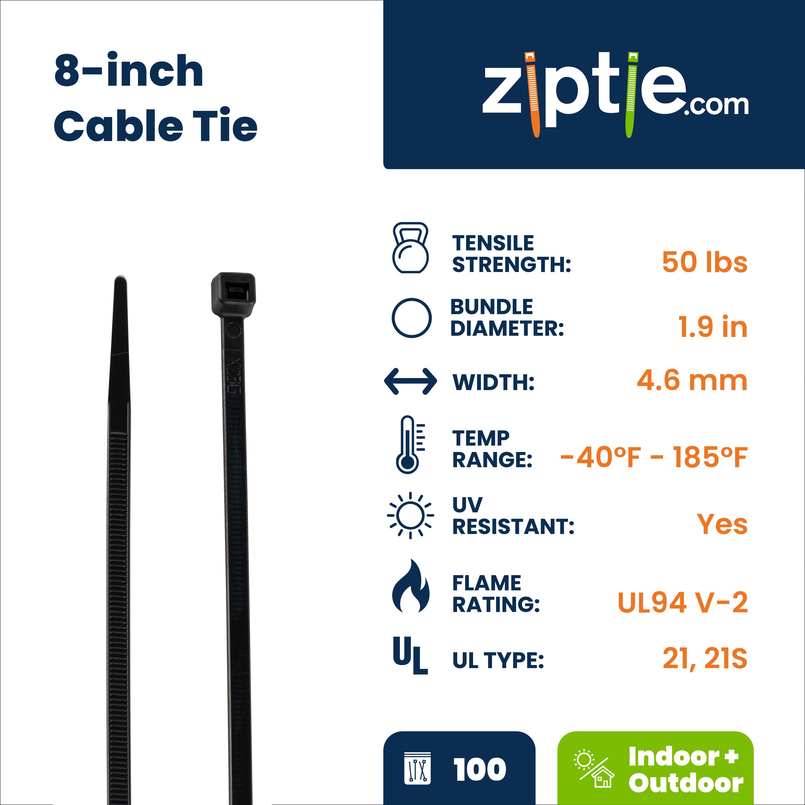 8-inch UV Resistant Black Multi-Purpose Zip Tie, 50-lb Tensile Strength, UL 21S Listed, 100-Pack