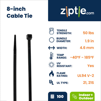 8-inch UV Resistant Black Multi-Purpose Zip Tie, 50-lb Tensile Strength, UL 21S Listed, 100-Pack