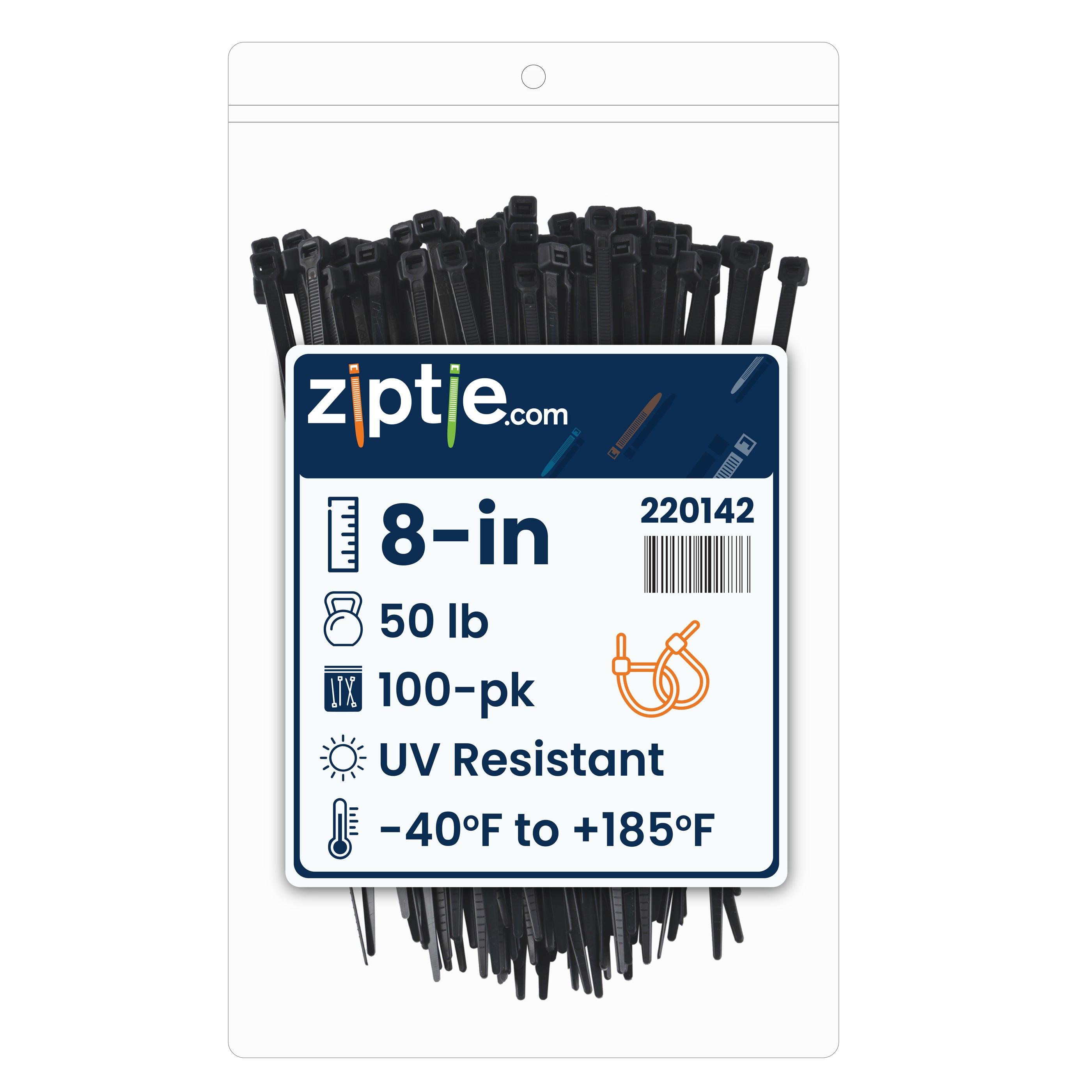 8-inch UV Resistant Black Multi-Purpose Zip Tie, 50-lb Tensile Strength, UL 21S Listed, 100-Pack