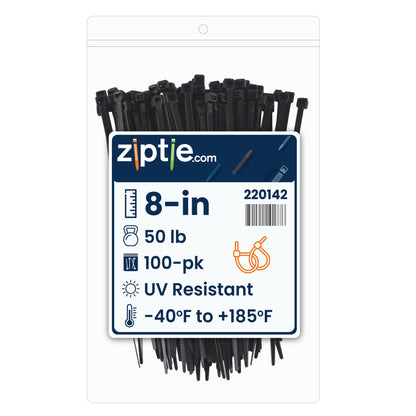 8-inch UV Resistant Black Multi-Purpose Zip Tie, 50-lb Tensile Strength, UL 21S Listed, 100-Pack