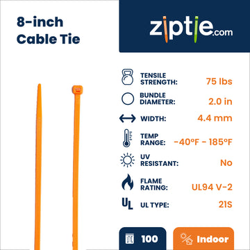 South Main Hardware 8-Inch Cable Ties - 100 Pack, 75-lb Strength, Hi-Vis Orange