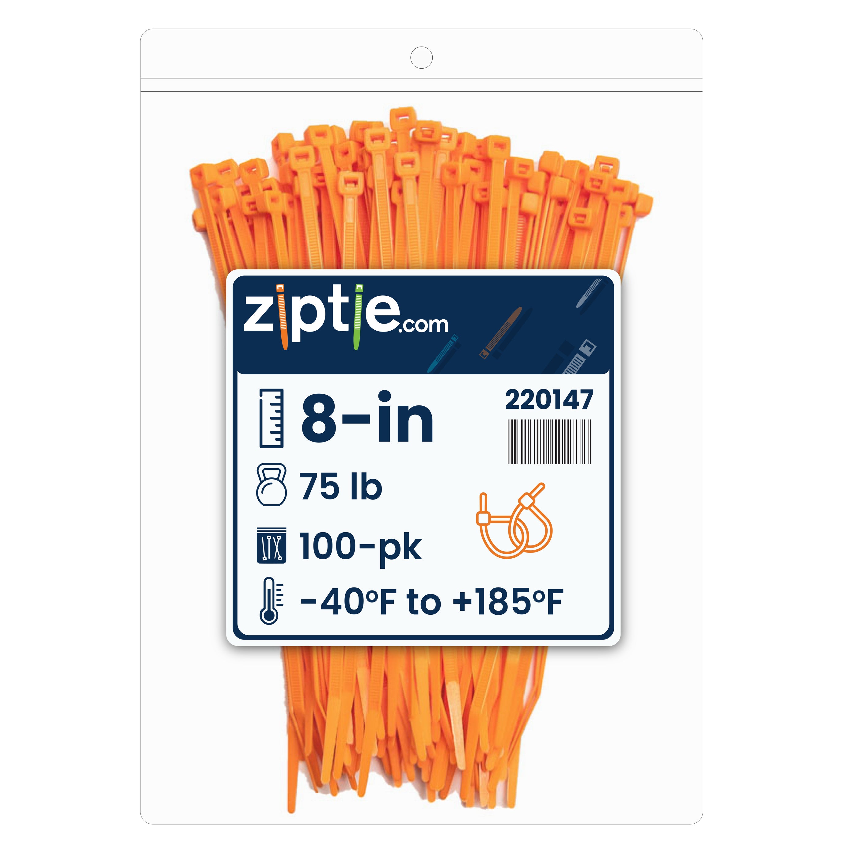 8-inch Fluorescent Orange Multi-Purpose Zip Tie, 75-lb Tensile