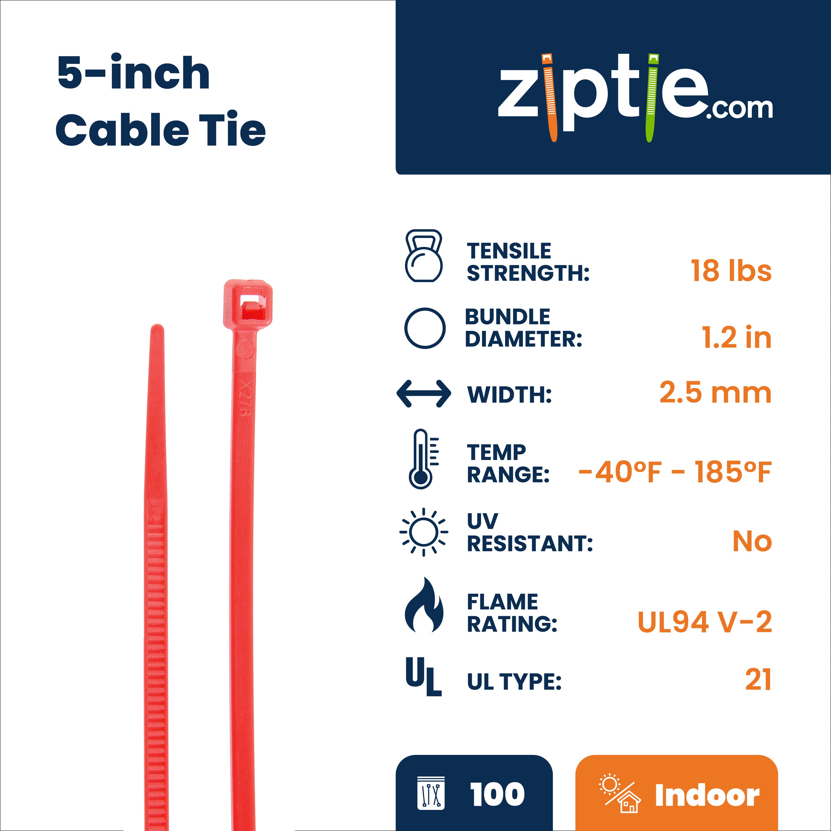 5-inch Red Multi-Purpose Zip Tie, 18-lb Tensile Strength, UL 21 Listed, 100-Pack