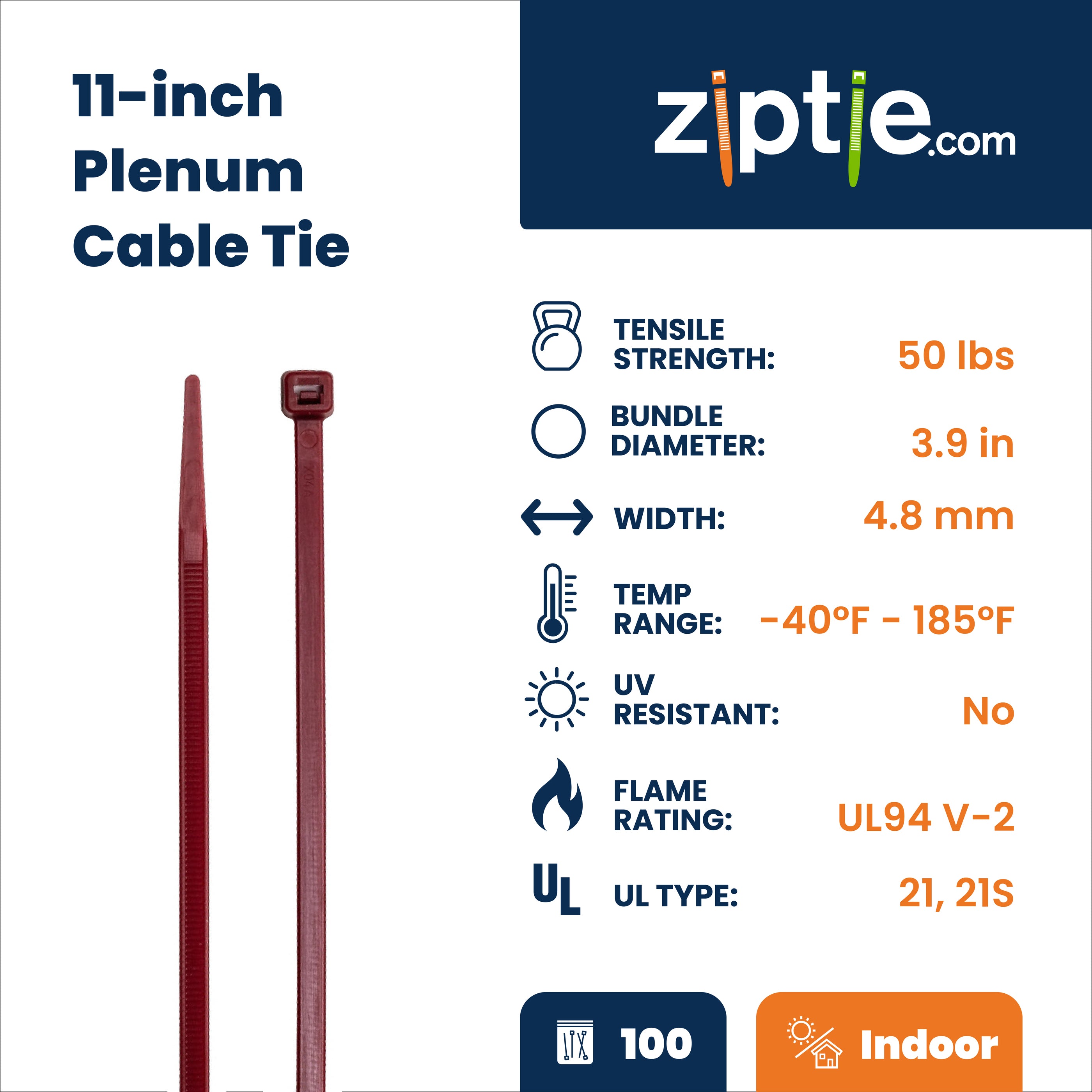 11-inch Plenum Multi-Purpose Zip Tie, 50-lb Tensile Strength, UL 21S Listed, 100-Pack