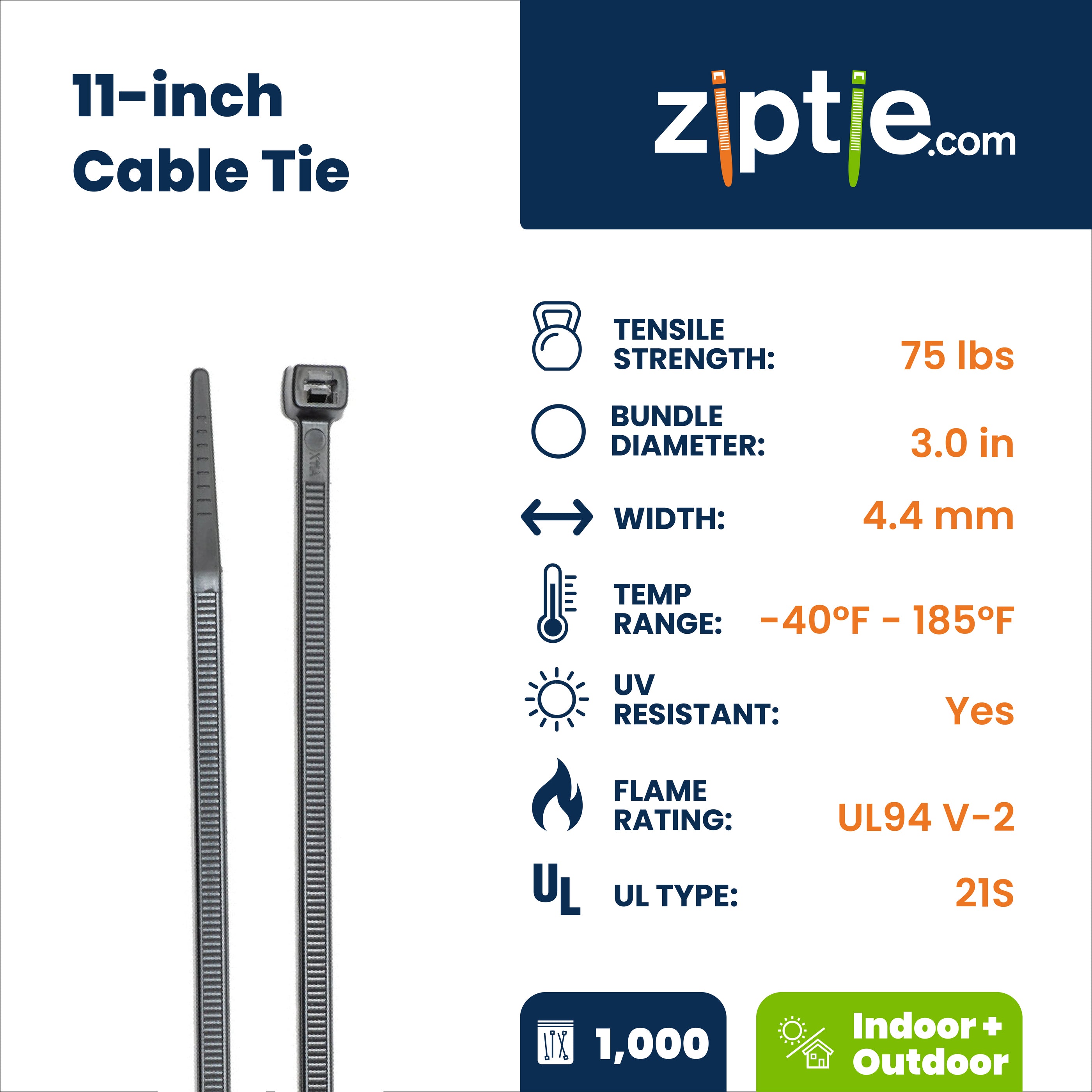 11-inch UV Resistant Black Multi-Purpose Zip Tie, 75-lb Tensile