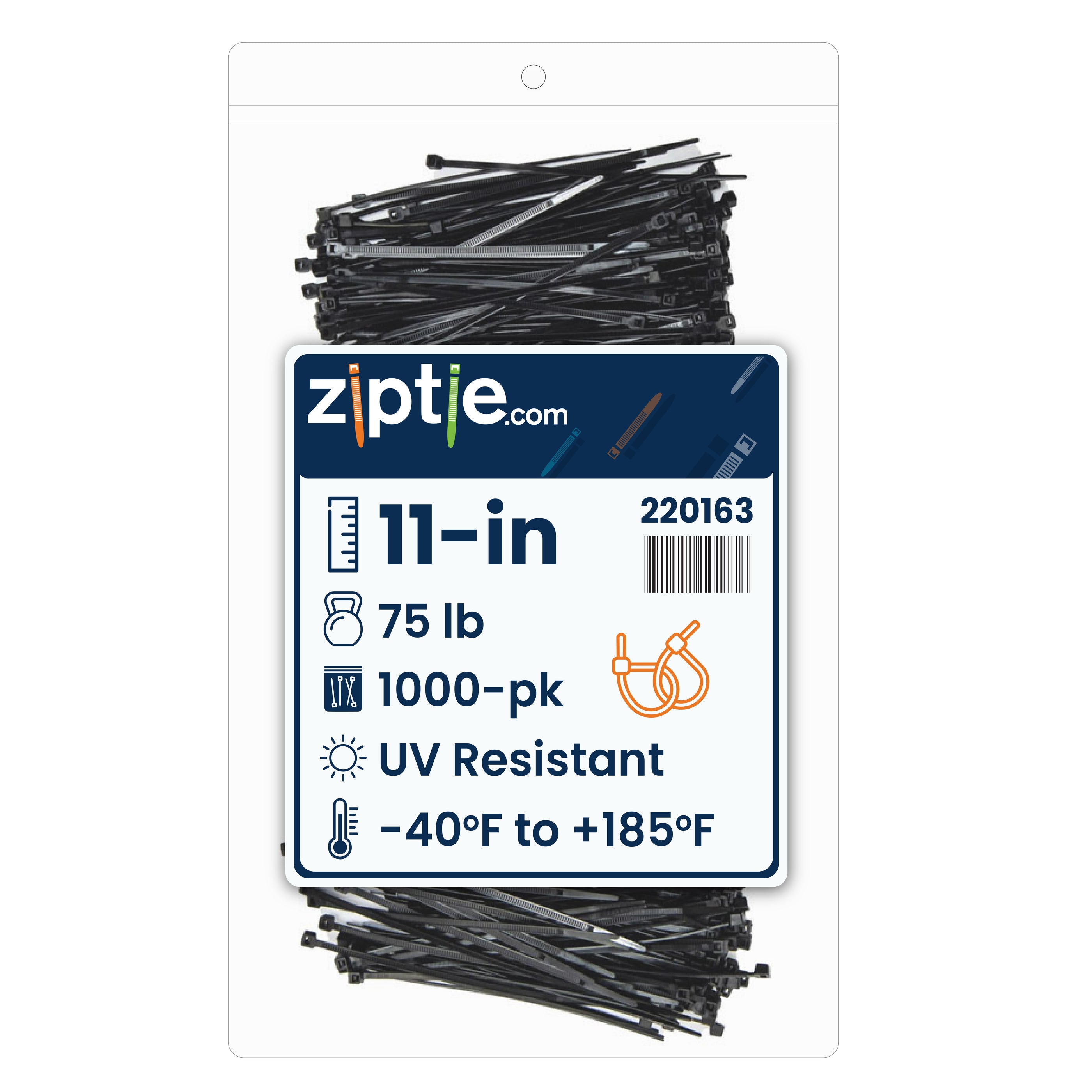 11-inch UV Resistant Black Multi-Purpose Zip Tie, 75-lb Tensile