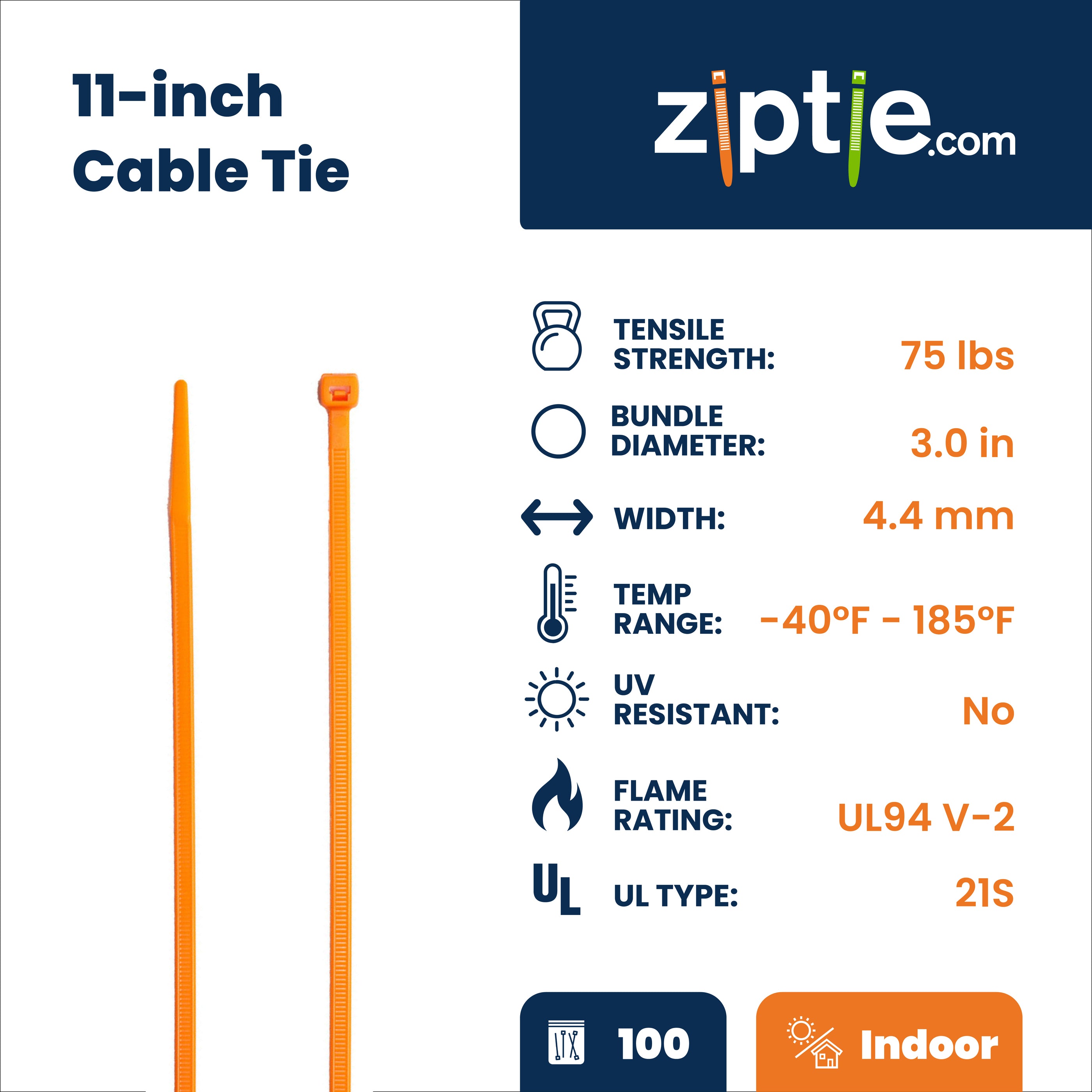 11-inch Fluorescent Orange Multi-Purpose Zip Tie, 75-lb Tensile