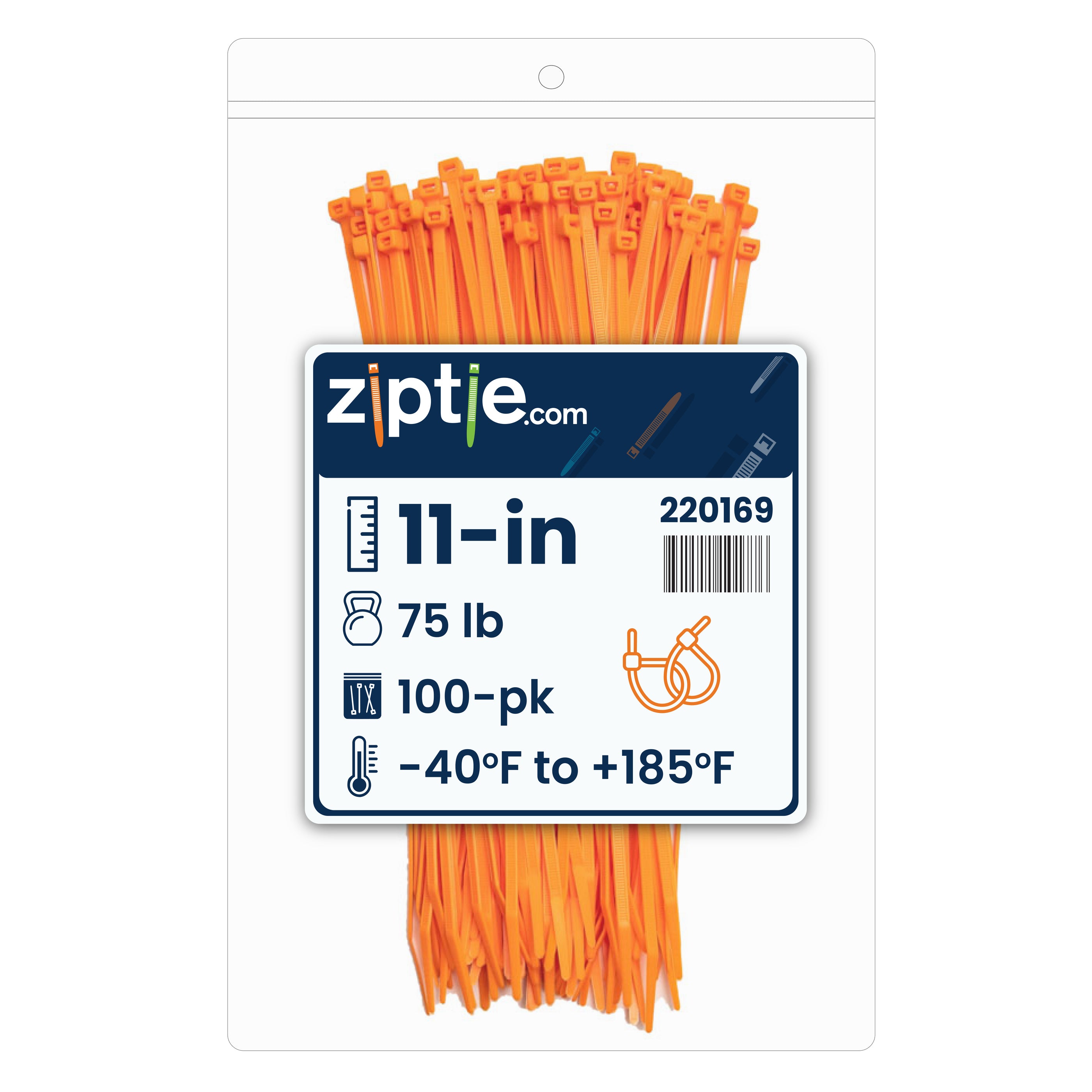 11-inch Fluorescent Orange Multi-Purpose Zip Tie, 75-lb Tensile