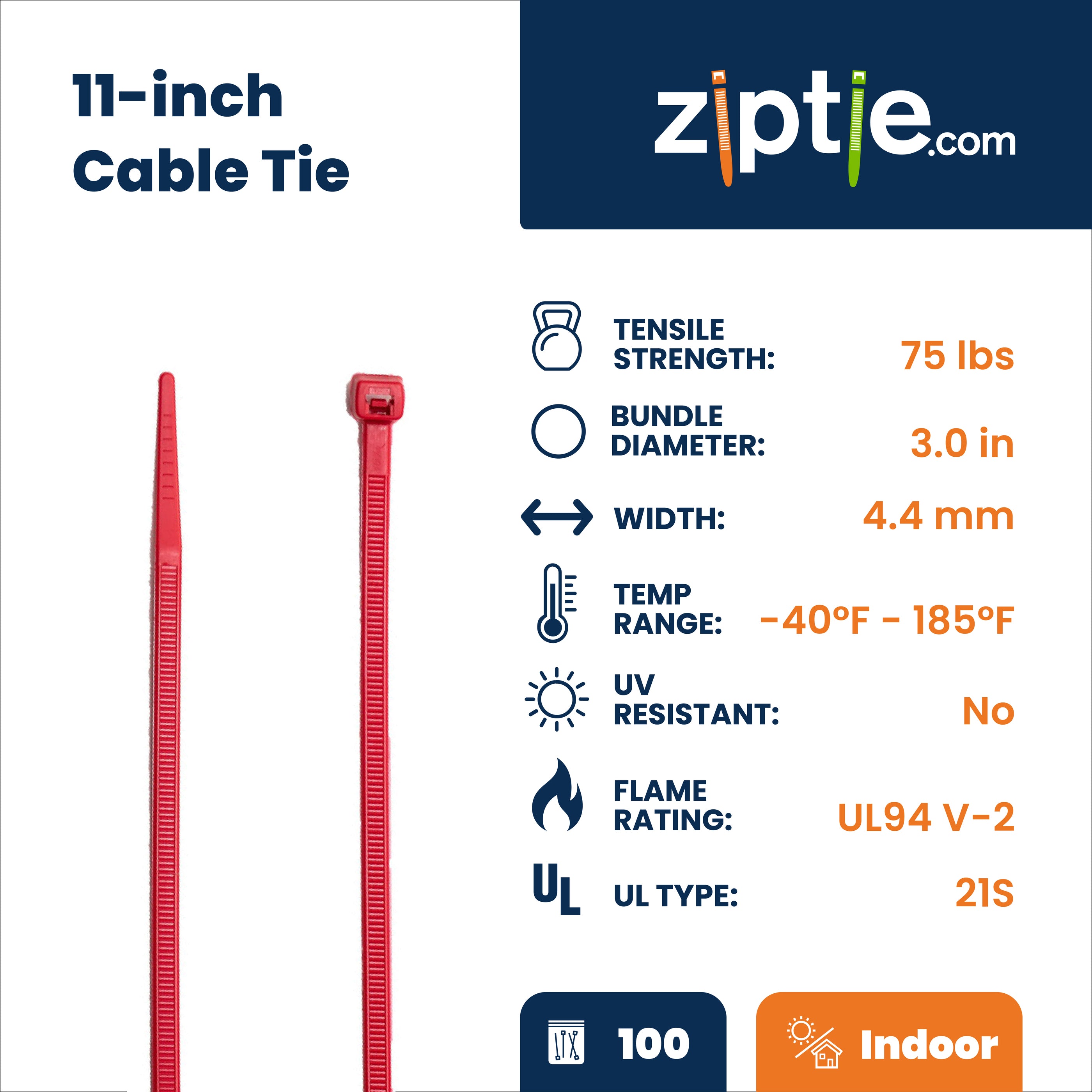 11-inch Red Multi-Purpose Zip Tie, 75-lb Tensile Strength, UL 21S