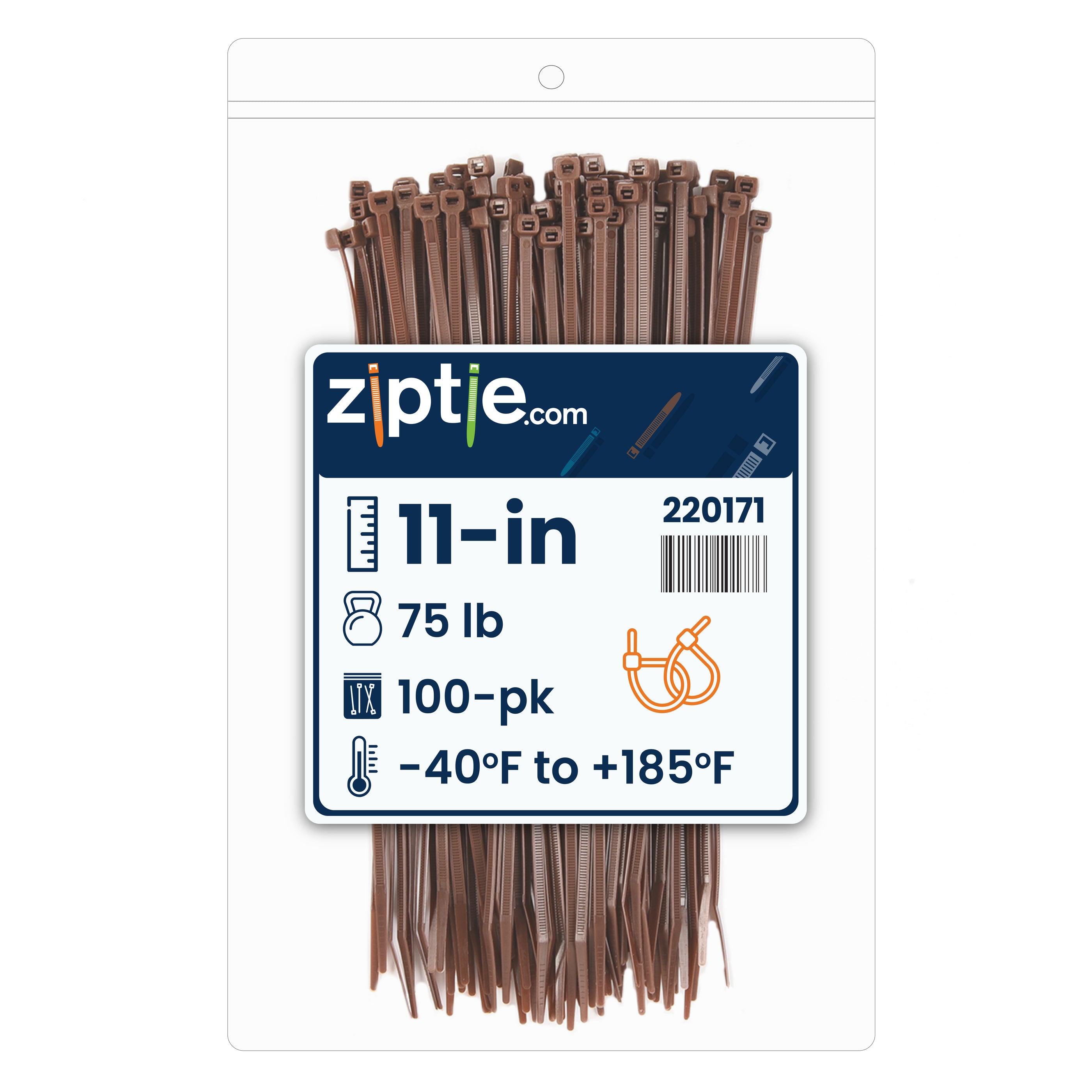11-inch Dark Brown Multi-Purpose Zip Tie, 75-lb Tensile Strength