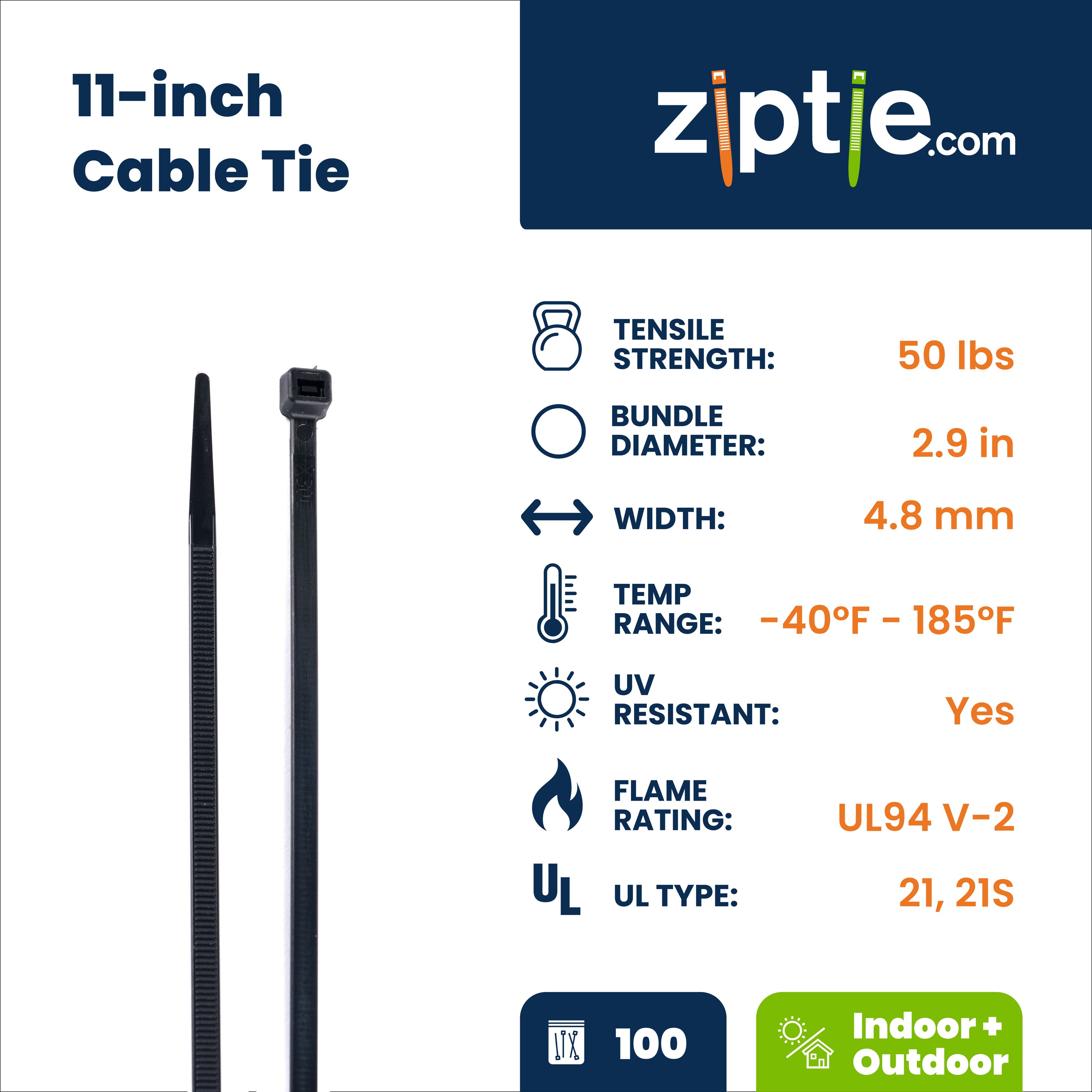 11-inch UV Resistant Black Multi-Purpose Zip Tie, 50-lb Tensile