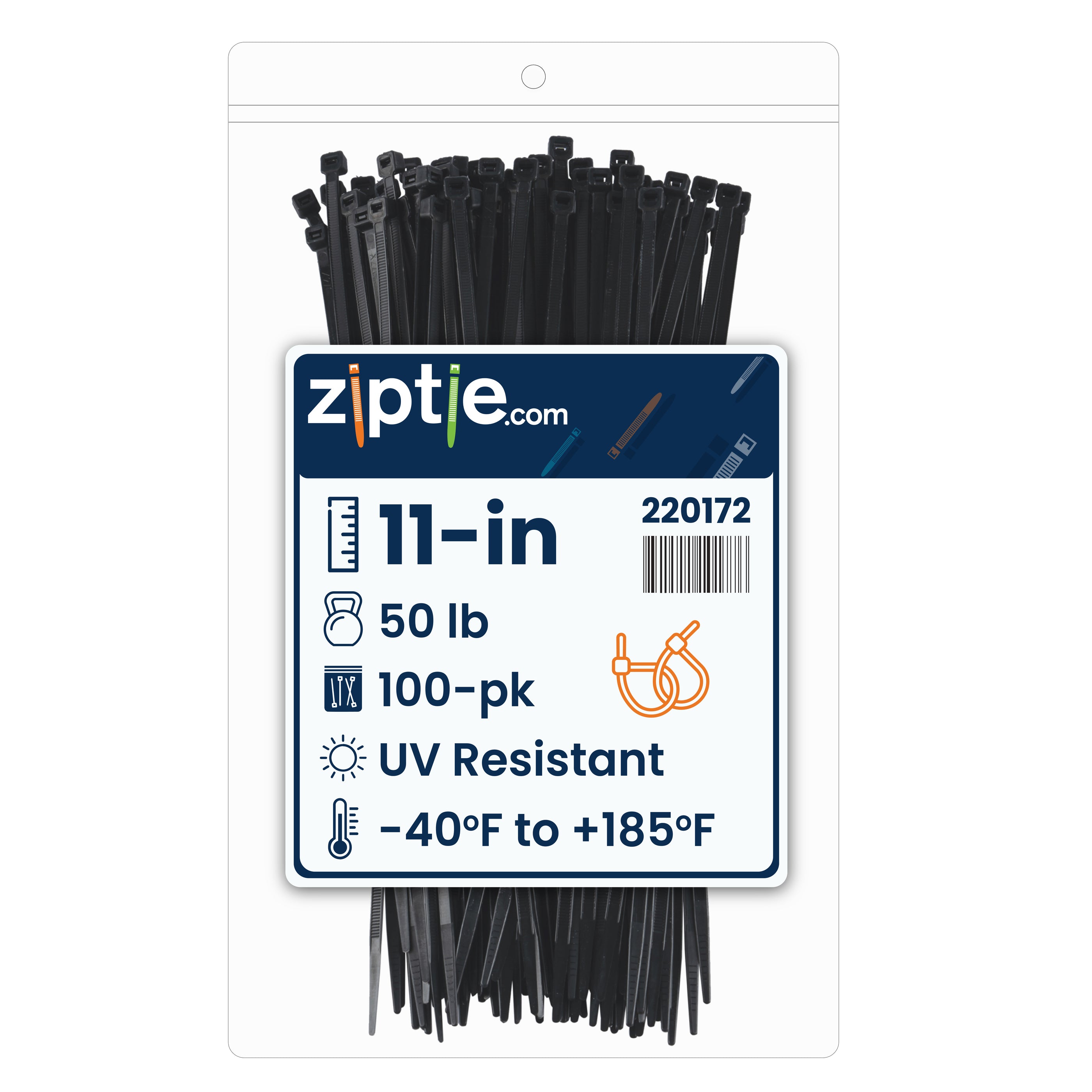 11-inch UV Resistant Black Multi-Purpose Zip Tie, 50-lb Tensile
