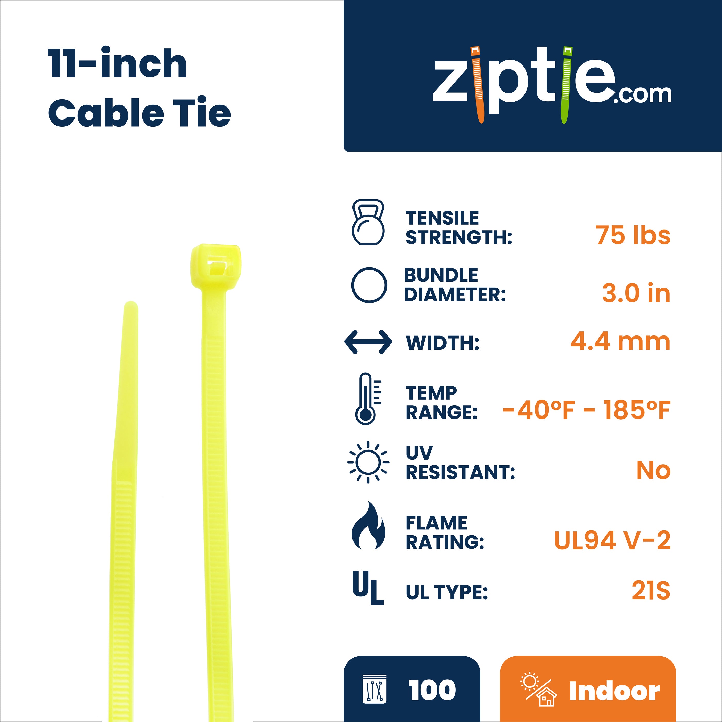 11-inch Fluorescent Yellow Multi-Purpose Zip Tie, 75-lb Tensile