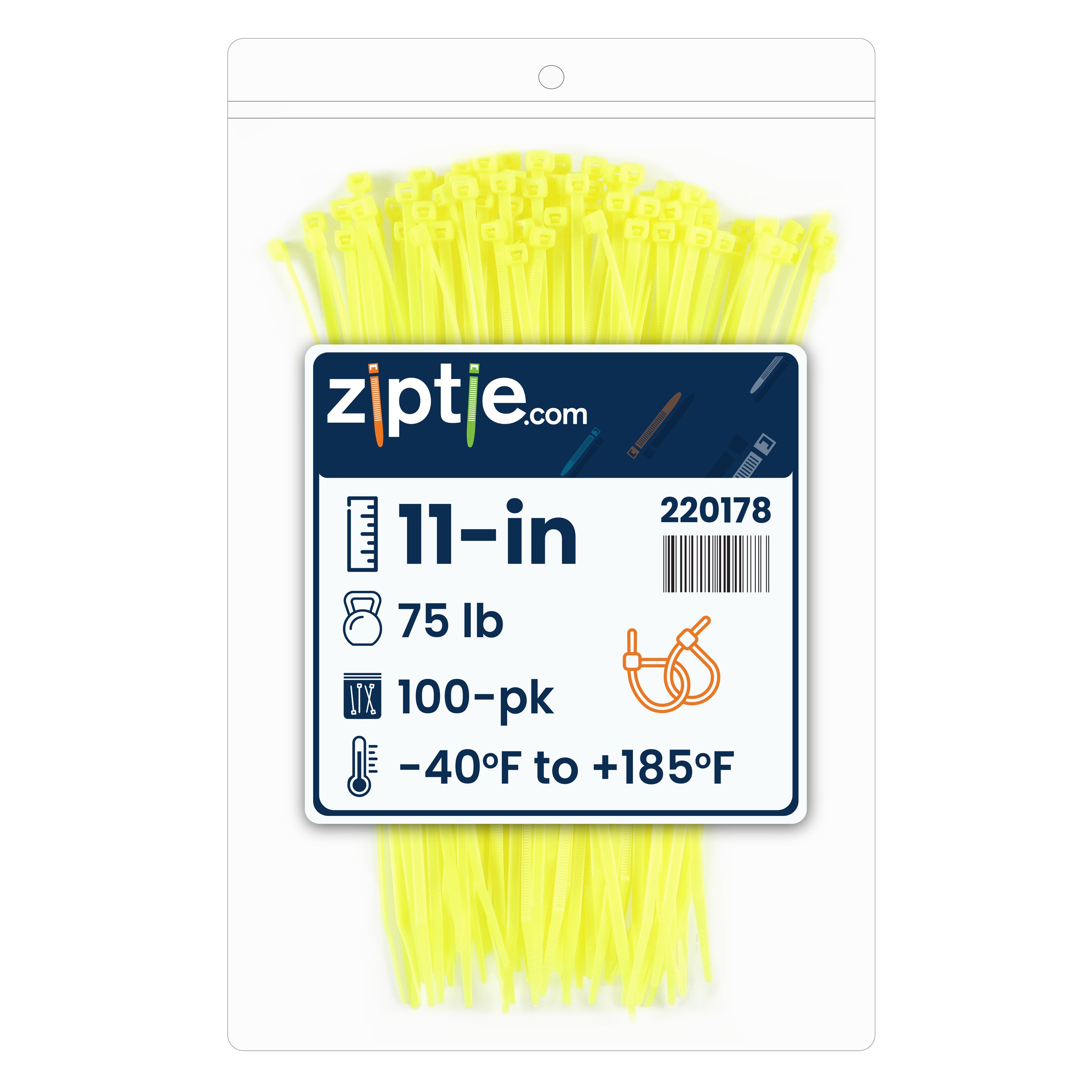 tie様 11-inch Fluorescent Yellow Multi-Purpose Zip Tie, 75-lb