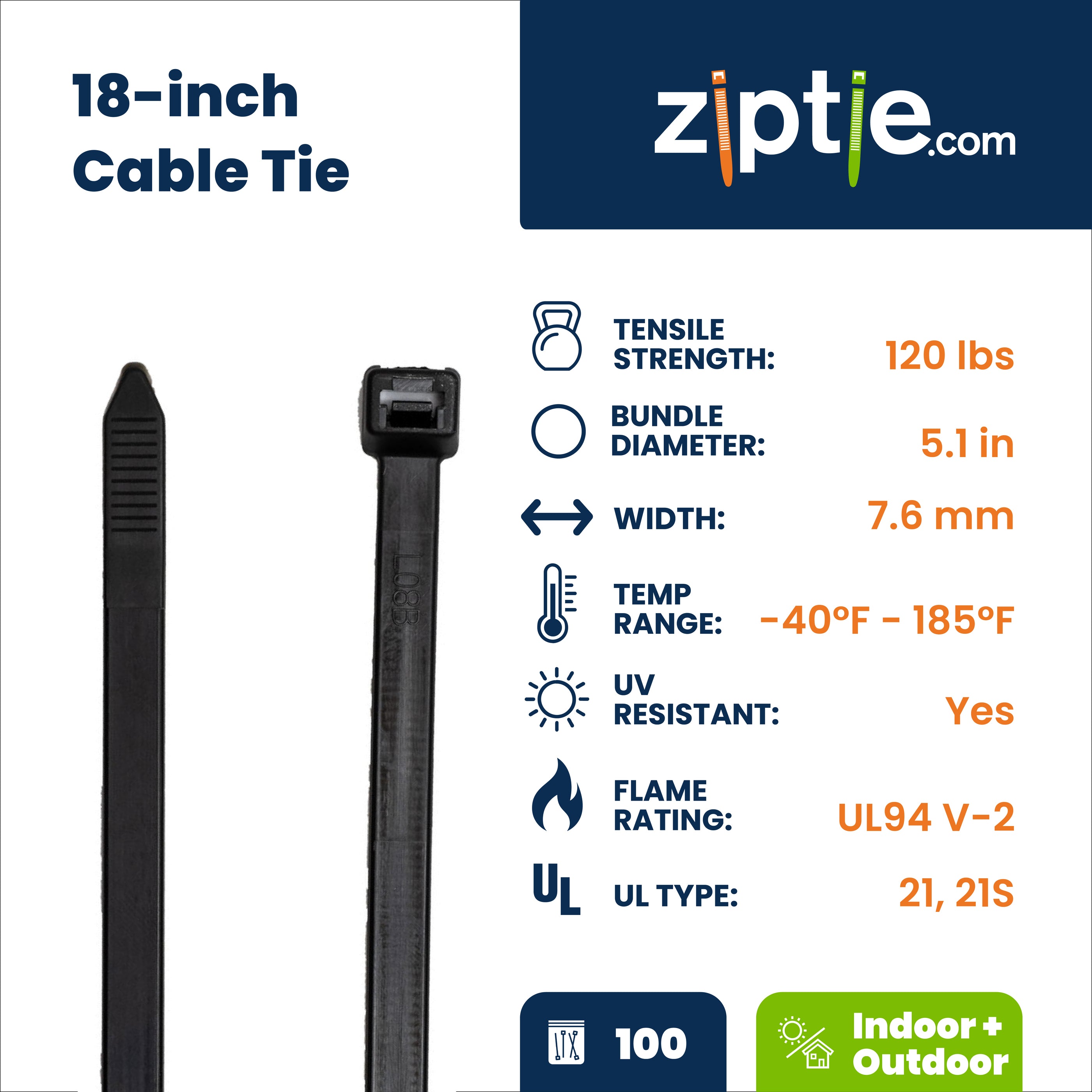 18-inch UV Resistant Black Multi-Purpose Zip Tie, 120-lb Tensile Strength, UL 21S Listed, 100-Pack