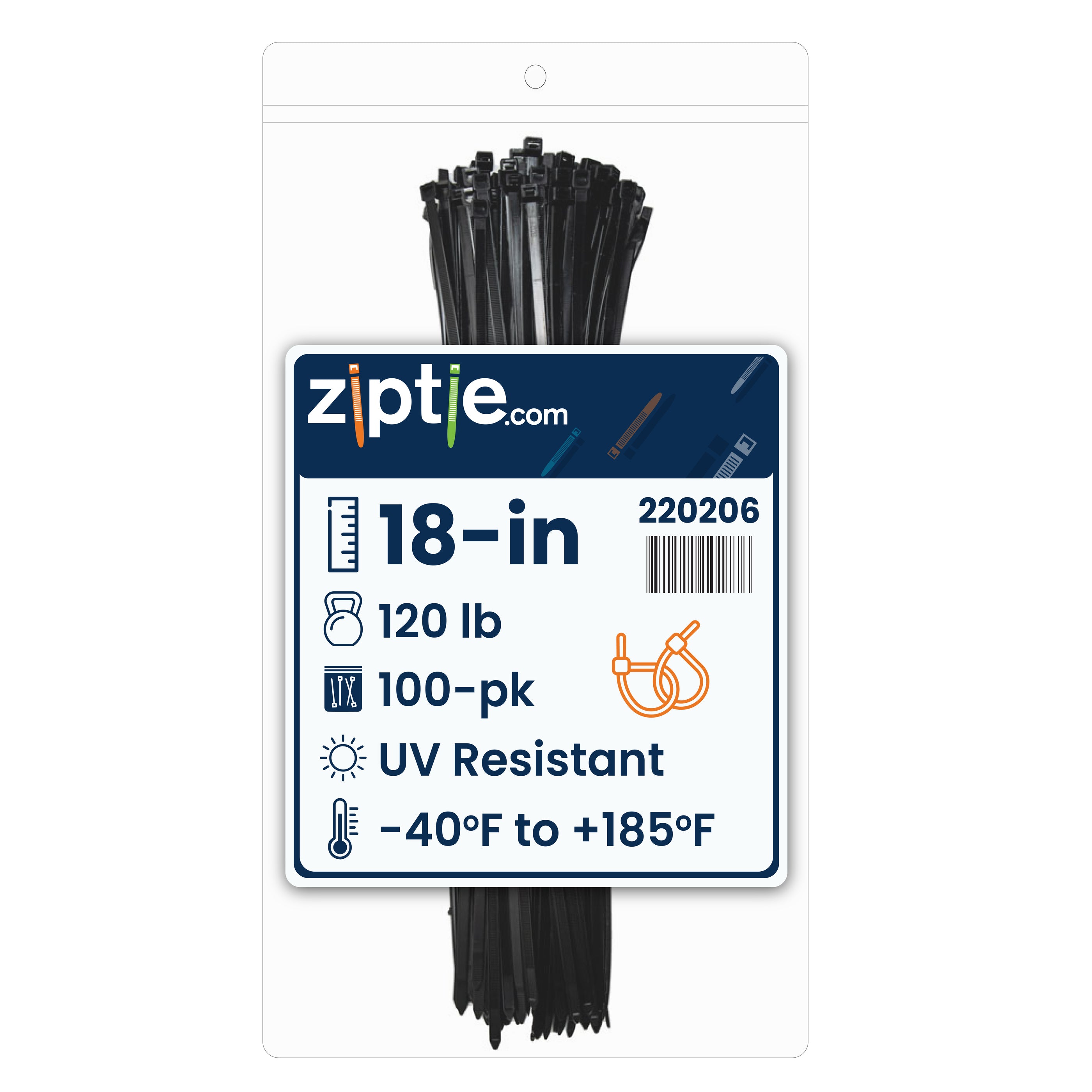 18-inch UV Resistant Black Multi-Purpose Zip Tie, 120-lb Tensile Strength, UL 21S Listed, 100-Pack