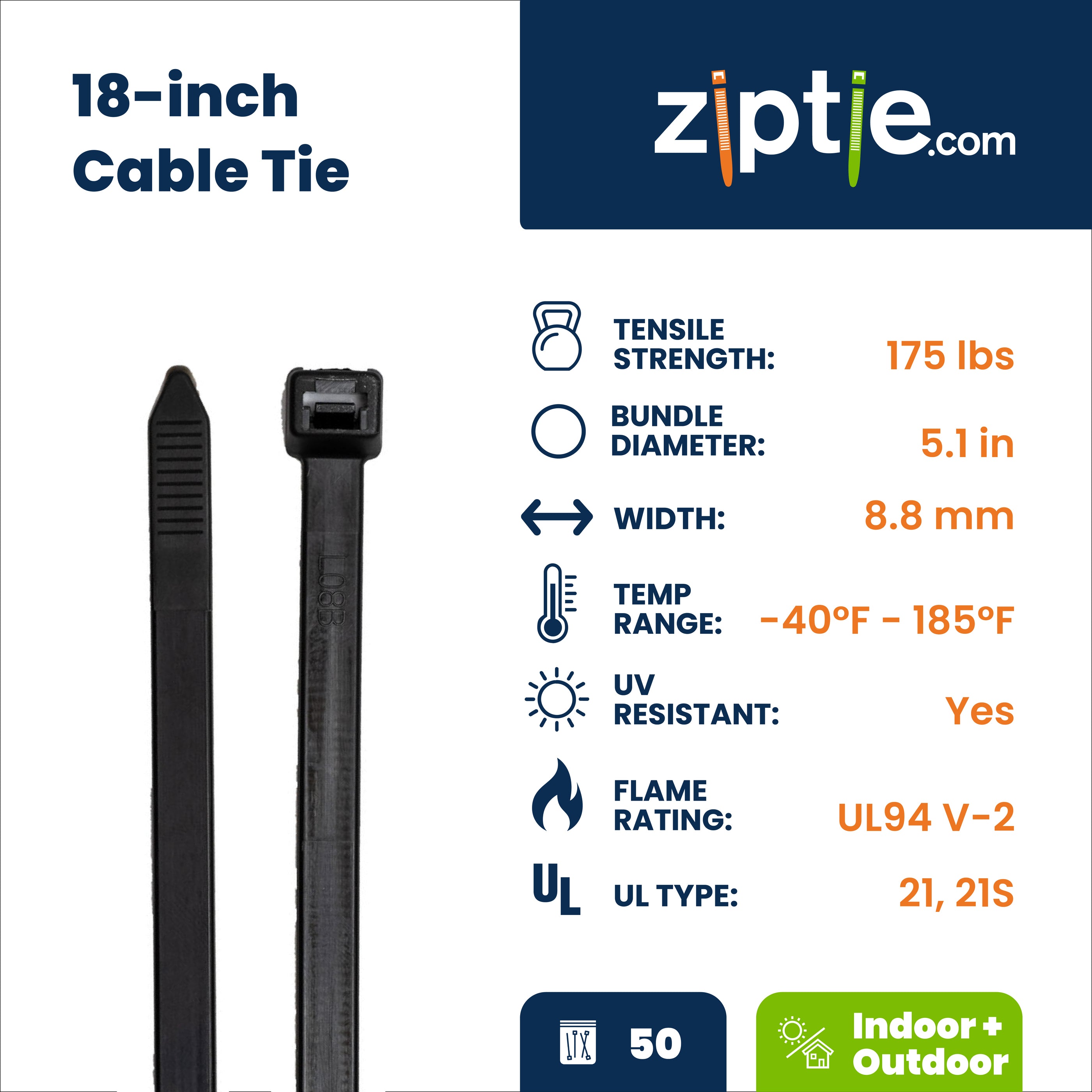 Aviditi 500-Pack 18" Black UV Nylon Cable Ties – 50lb Tensile, Loop Zip Wraps