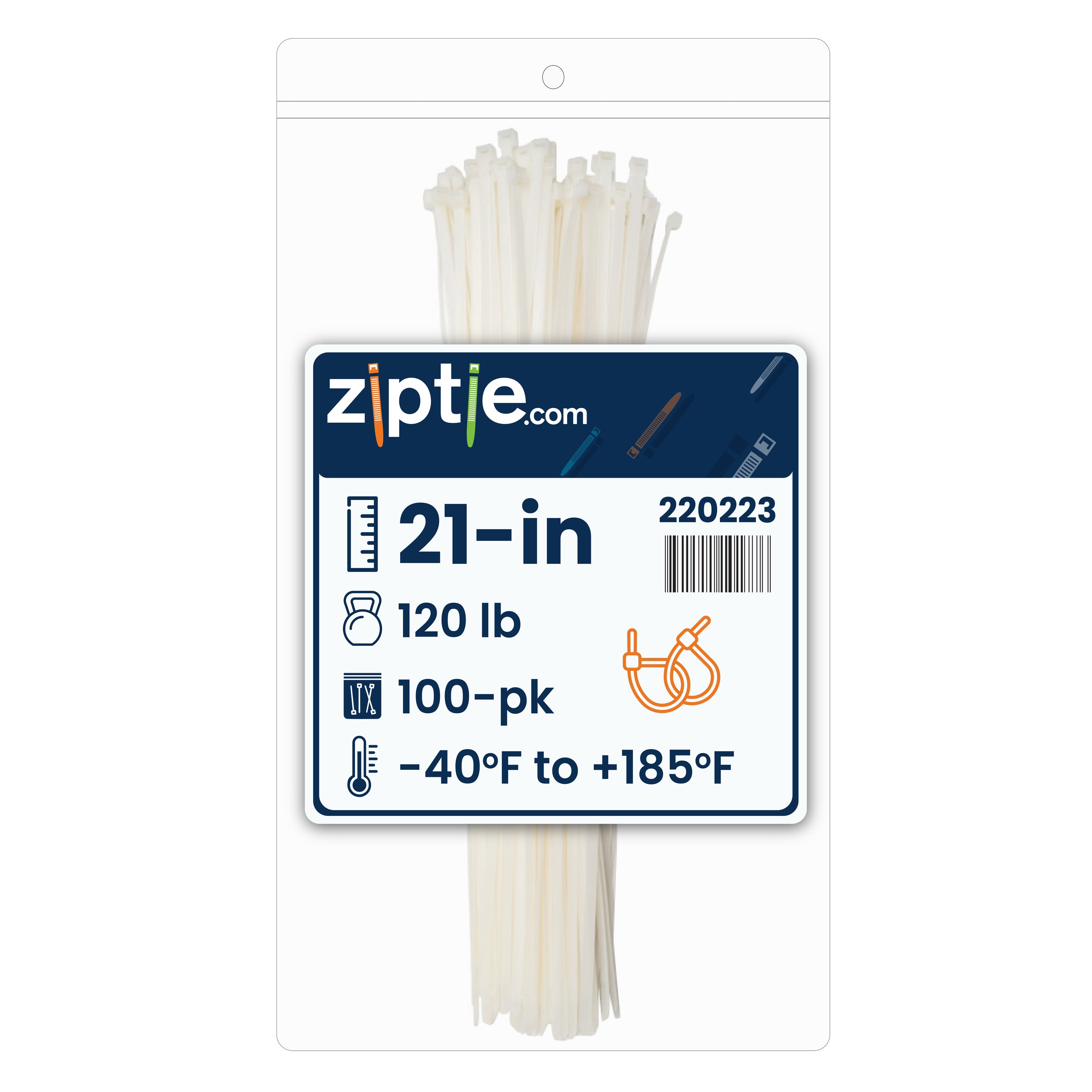 21-inch Natural Multi-Purpose Zip Tie, 120-lb Tensile Strength, UL 21S Listed, 100-Pack