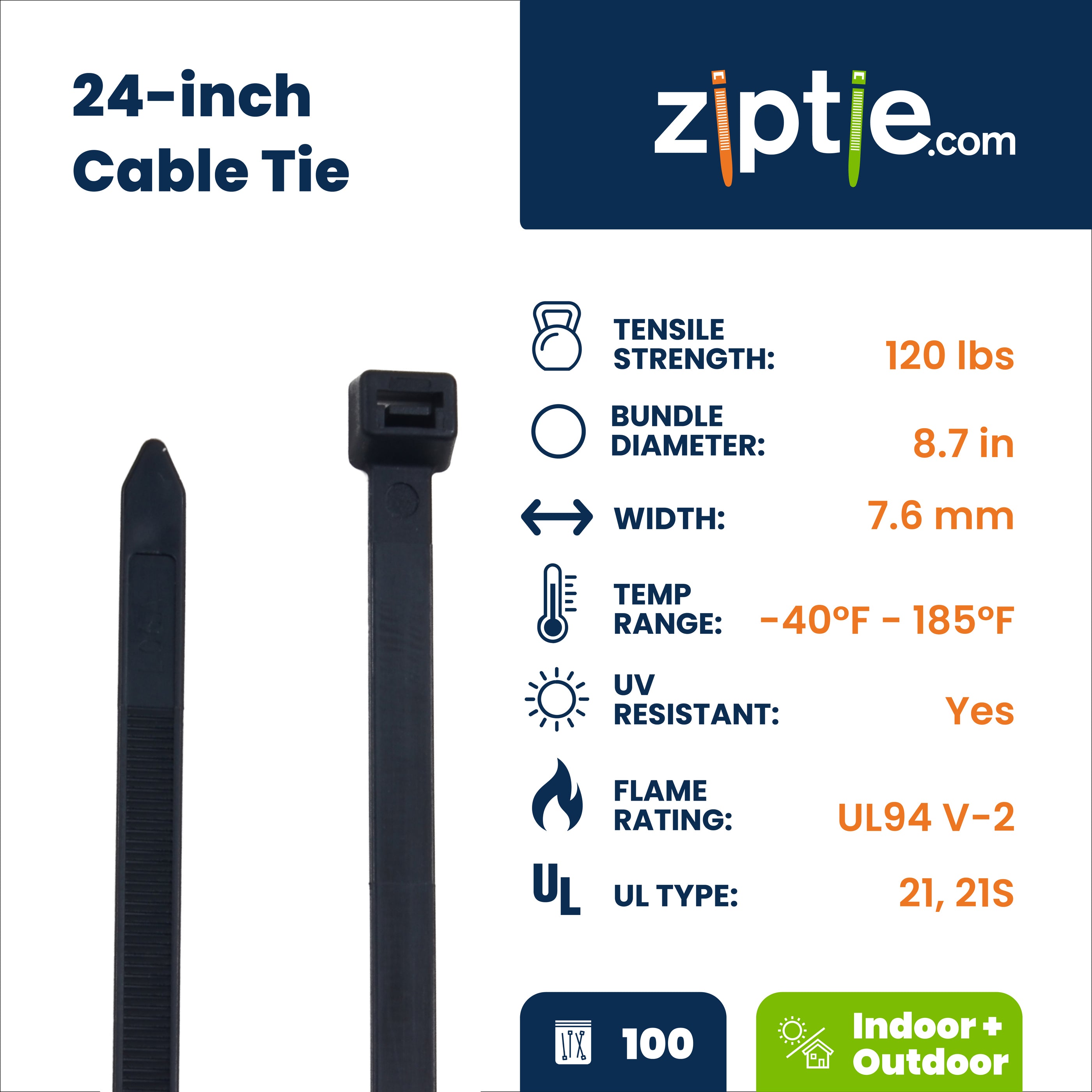 24-inch UV Resistant Black Multi-Purpose Zip Tie, 120-lb Tensile