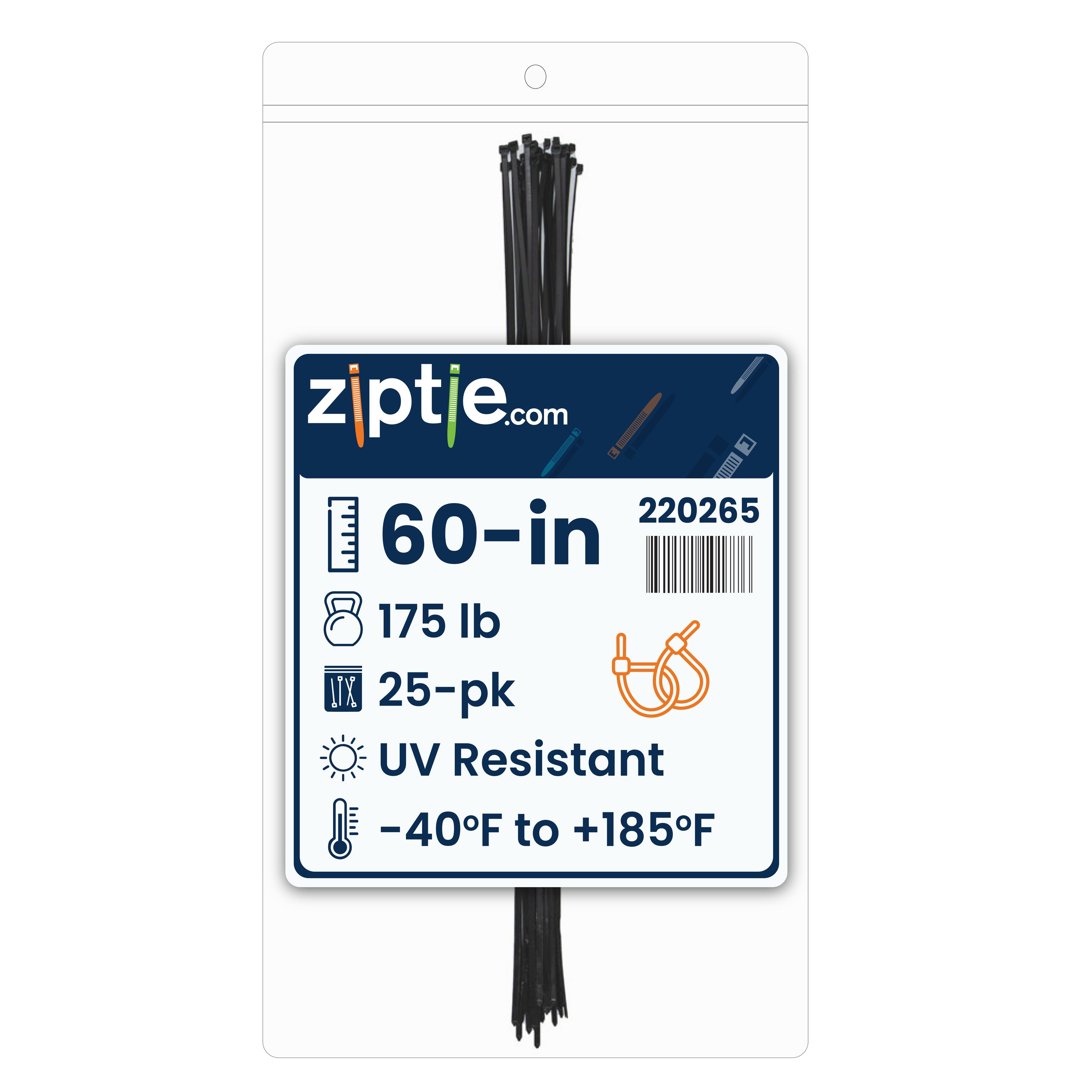 60-inch UV Resistant Black Multi-Purpose Zip Tie, 175-lb Tensile Strength, UL 21S Listed, 25-Pack