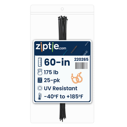 60-inch UV Resistant Black Multi-Purpose Zip Tie, 175-lb Tensile Strength, UL 21S Listed, 25-Pack