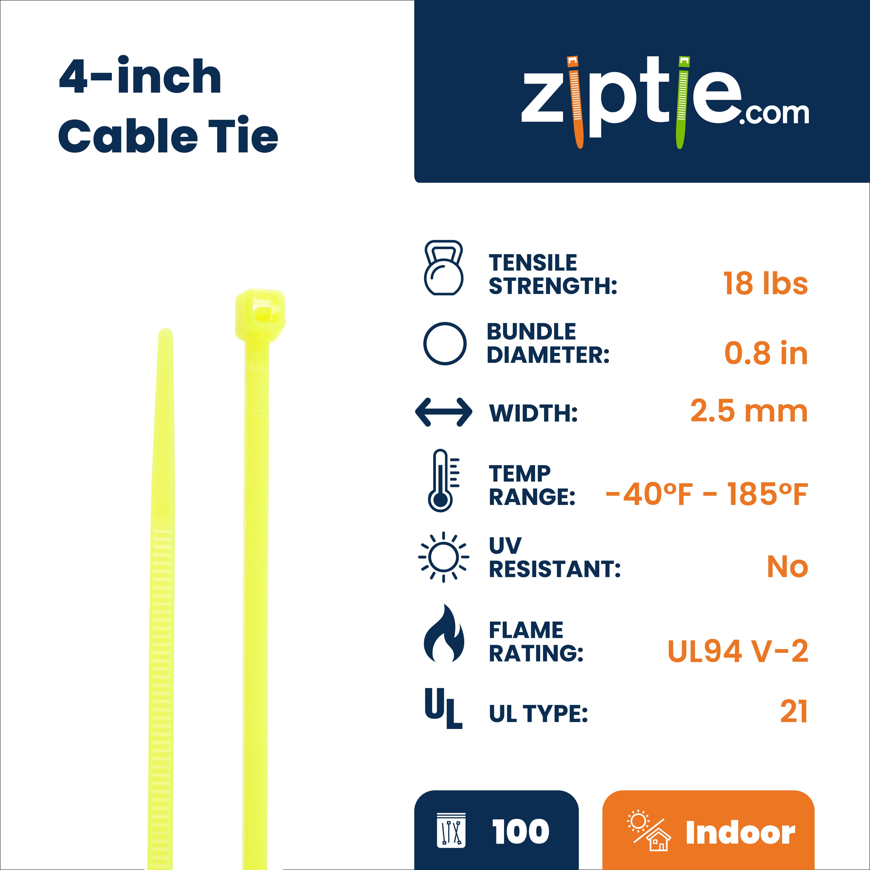 4-inch Fluorescent Yellow Multi-Purpose Zip Tie, 18-lb Tensile Strength, UL 21 Listed, 100-Pack